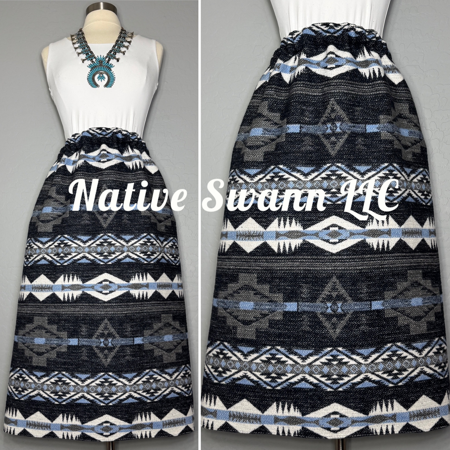 Grey, Navy + Lt. Blue Wool Design Skirt