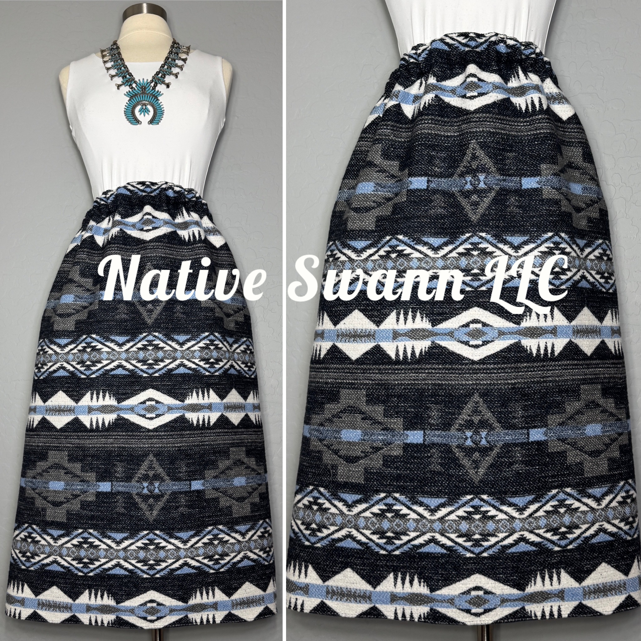 Grey, Navy + Lt. Blue Wool Design Skirt