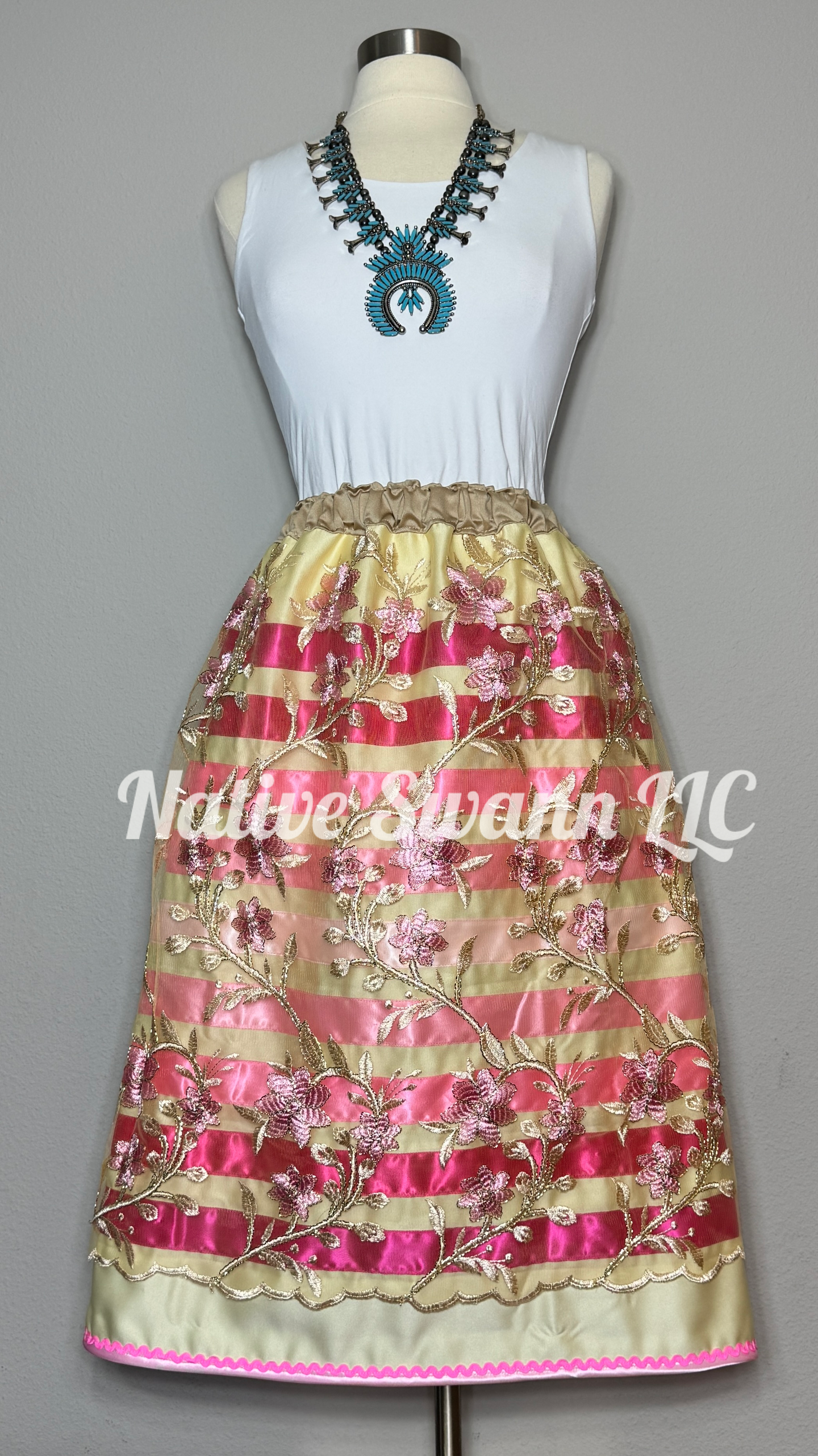 Pink-Beige Embroidered Floral Overlay Satin Ribbon Skirt