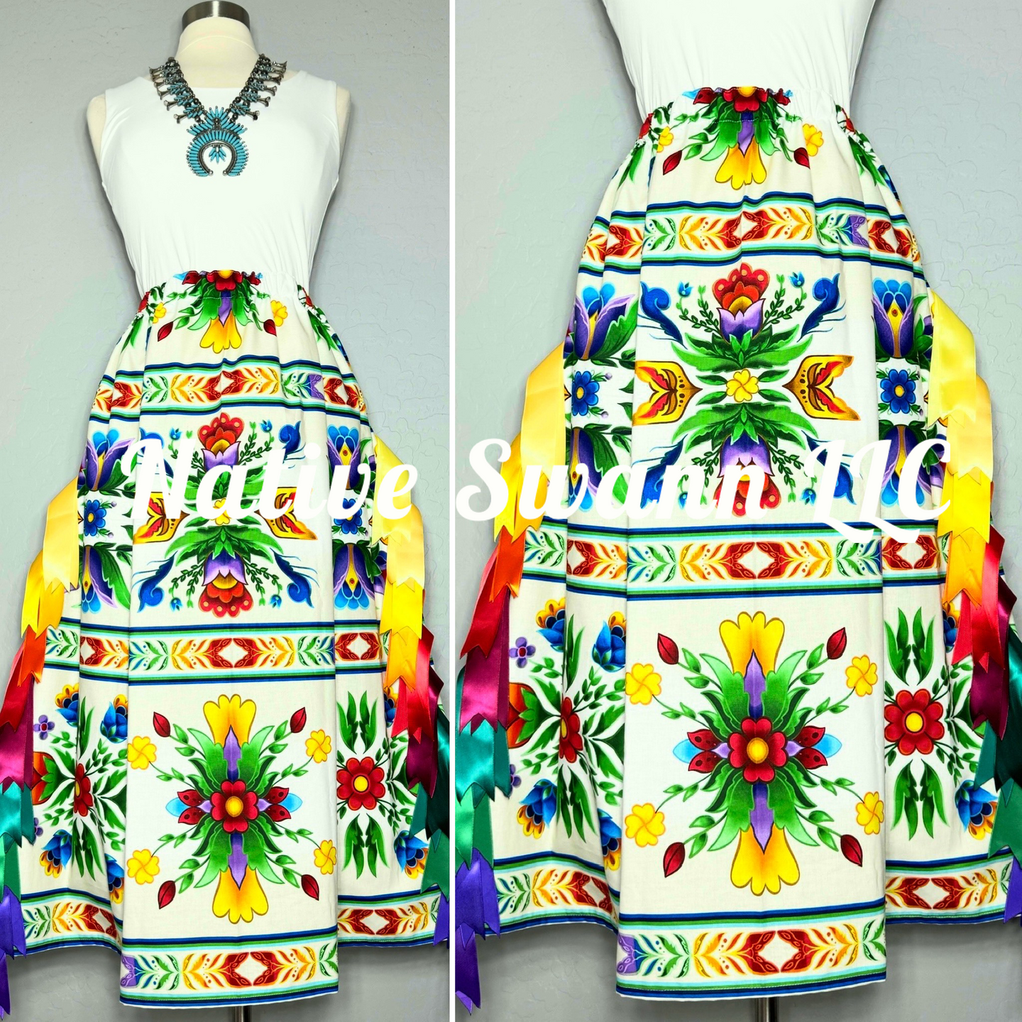 Ivory Regalia Floral Cotton Ribbon Skirt w/ Pockets