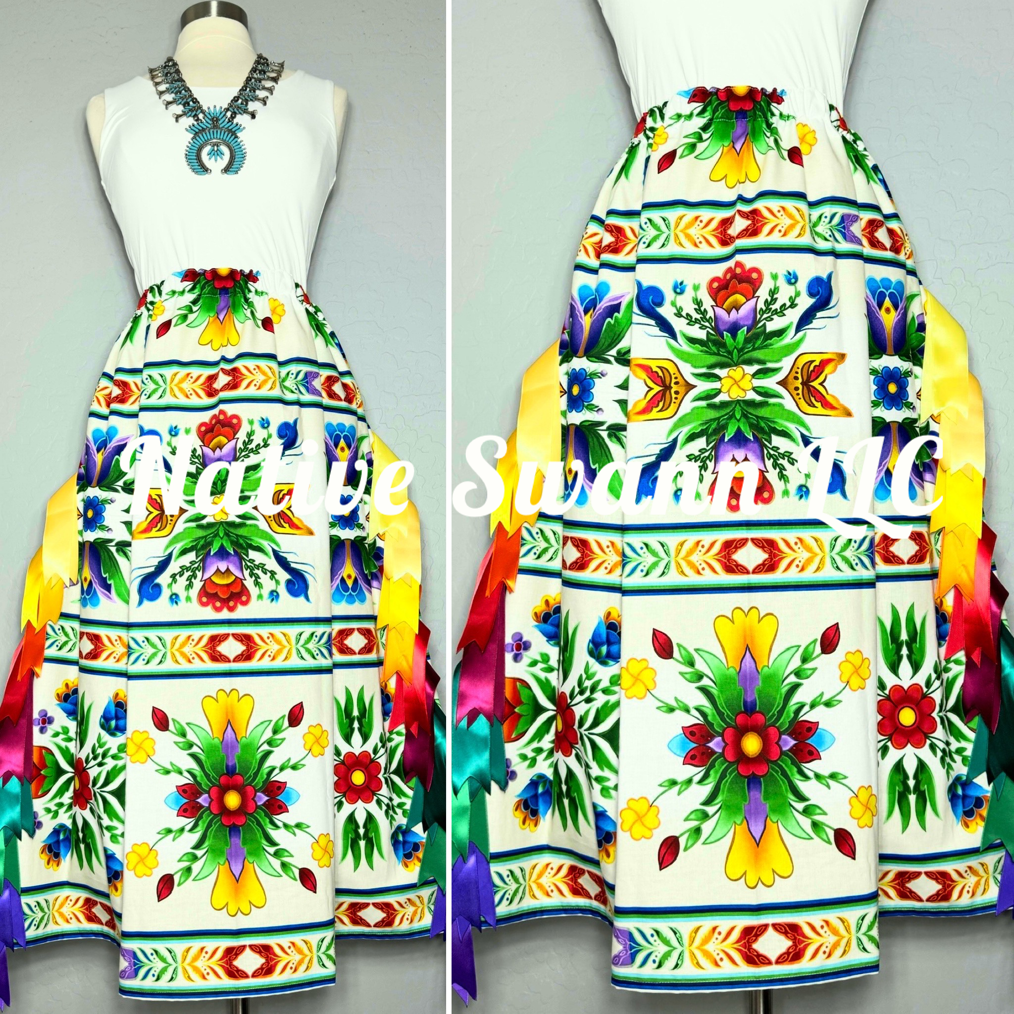Ivory Regalia Floral Cotton Ribbon Skirt w/ Pockets