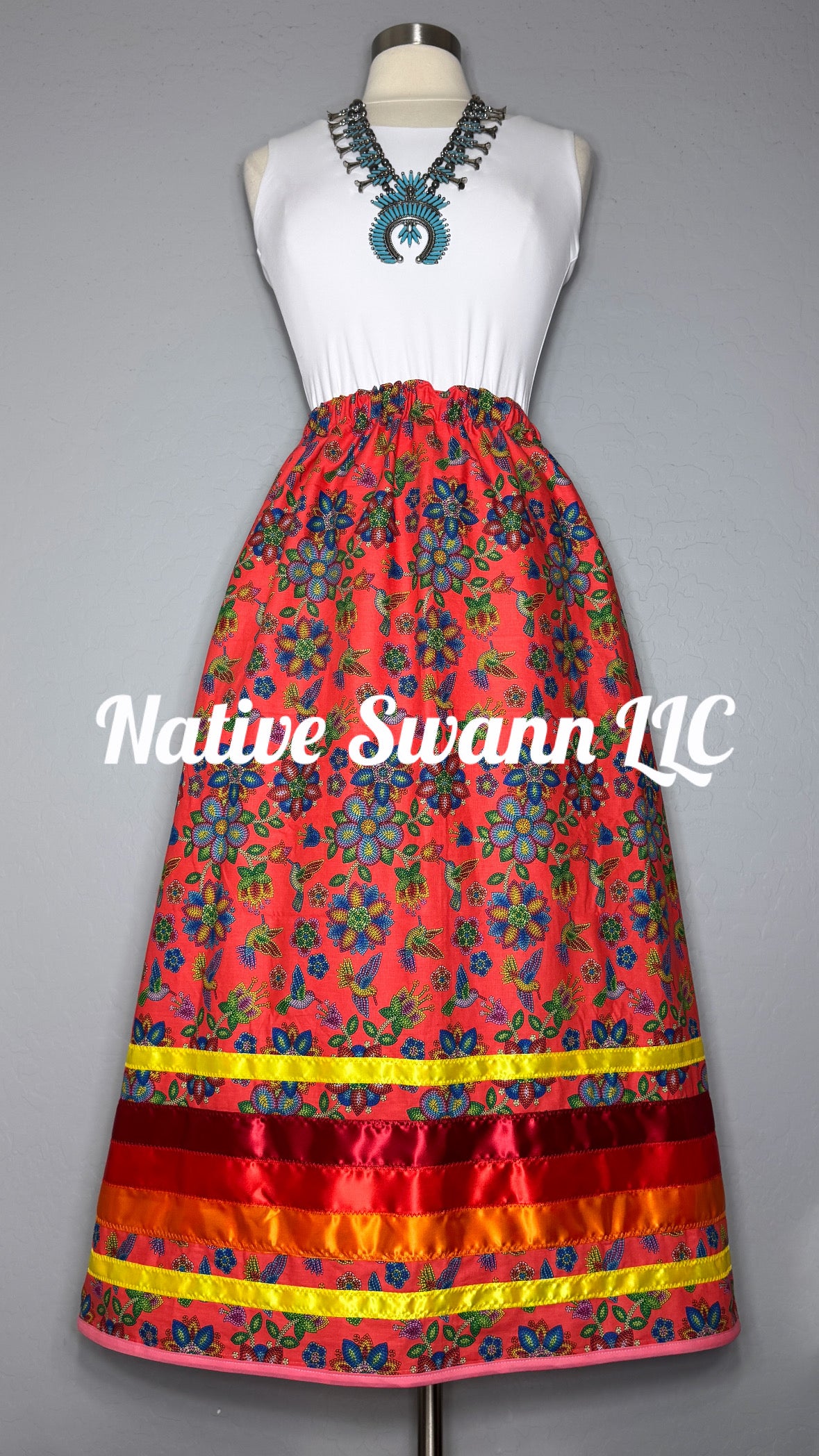 Orange-Red Beaded Print Hummingbird Cotton Ribbon Skirt w/ pockets