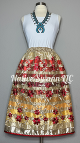 Red-Beige Embroidered Floral Overlay Satin Ribbon Skirt