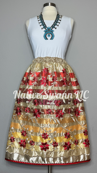 Red-Beige Embroidered Floral Overlay Satin Ribbon Skirt