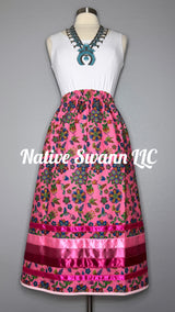 Pink Beaded Print Hummingbird Cotton Ribbon Skirt w/ pockets