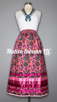 Pink Beaded Print Hummingbird Cotton Ribbon Skirt w/ pockets