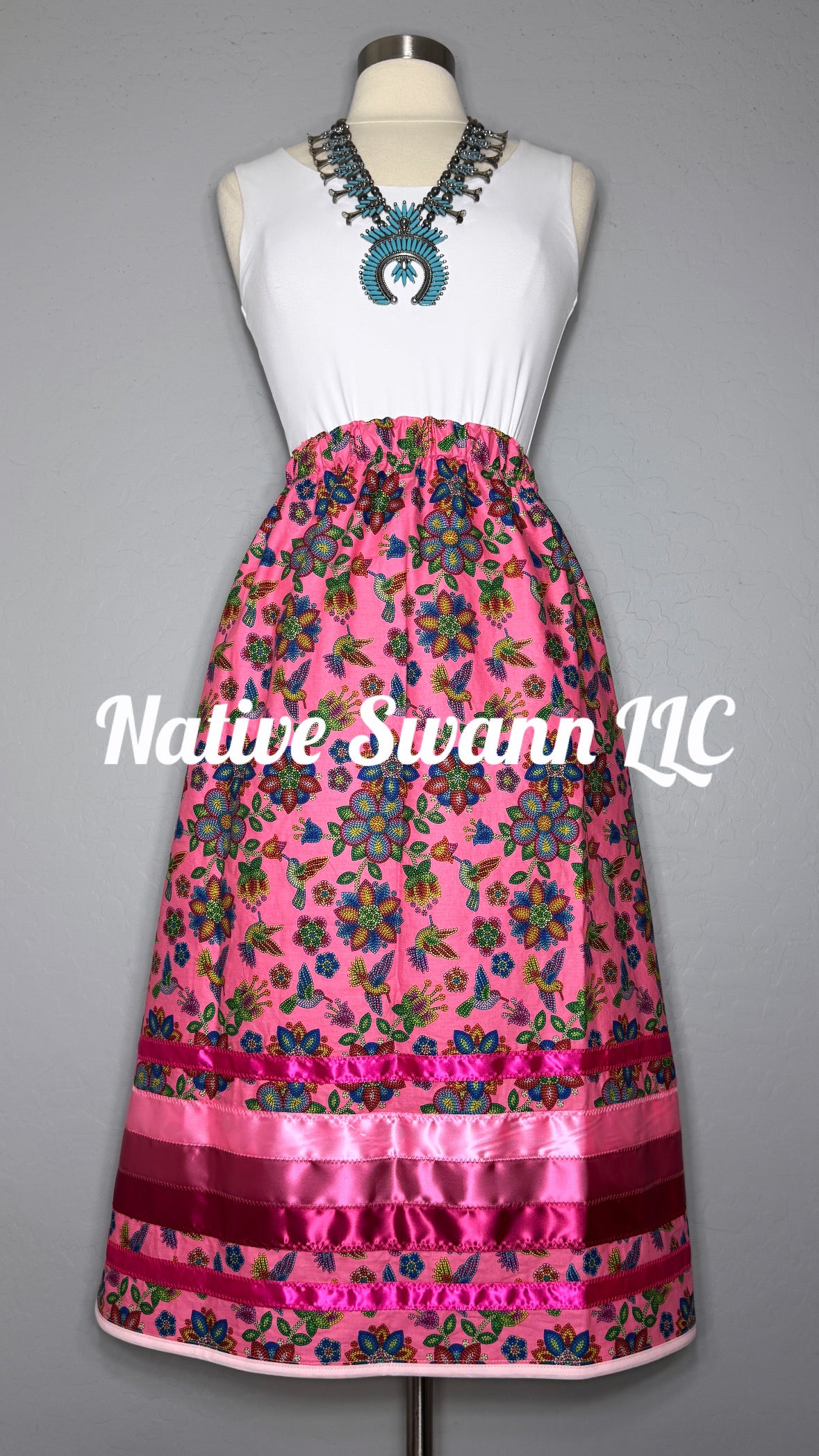 Pink Beaded Print Hummingbird Cotton Ribbon Skirt w/ pockets