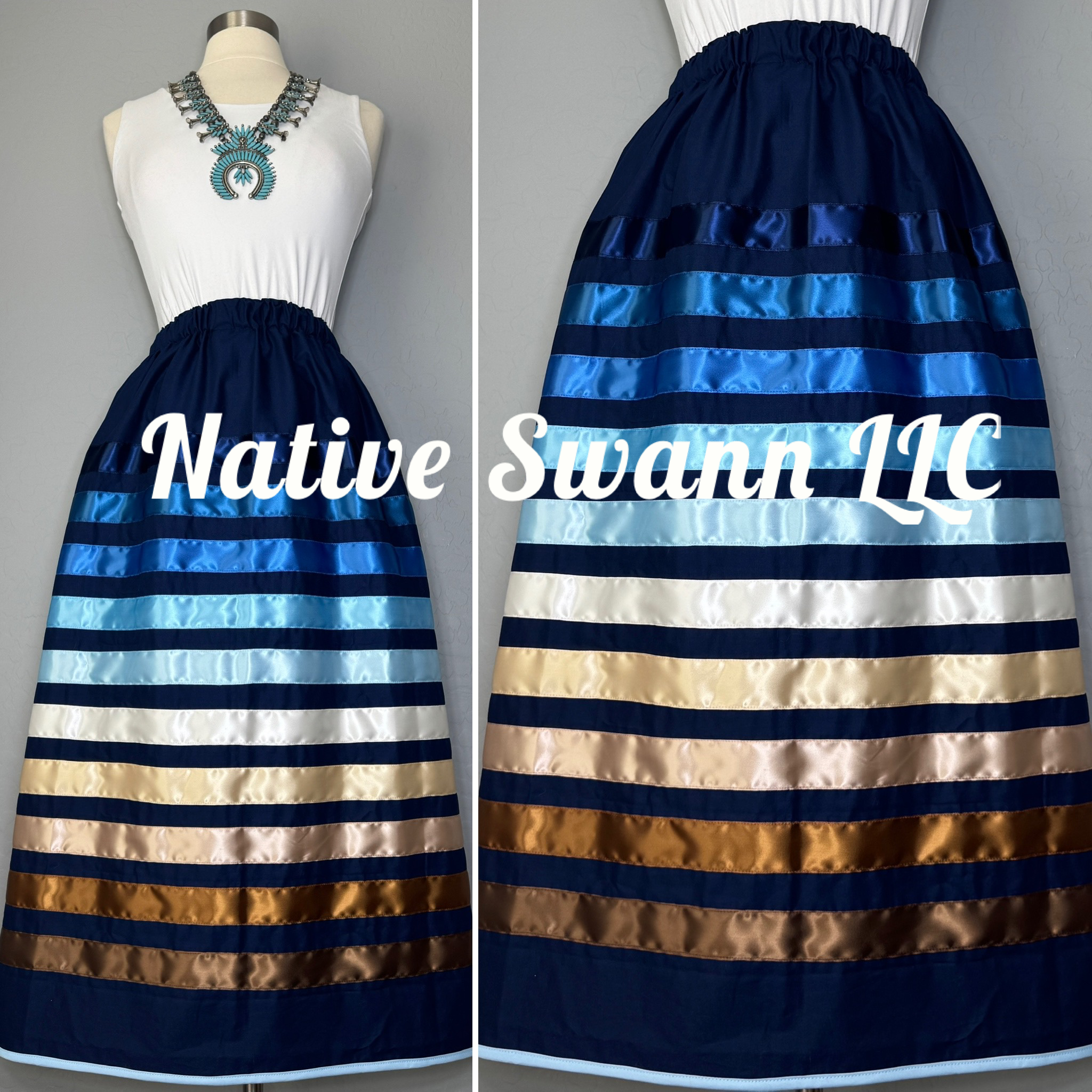 Navy Blue Cotton Ribbon Skirt w/ Pockets