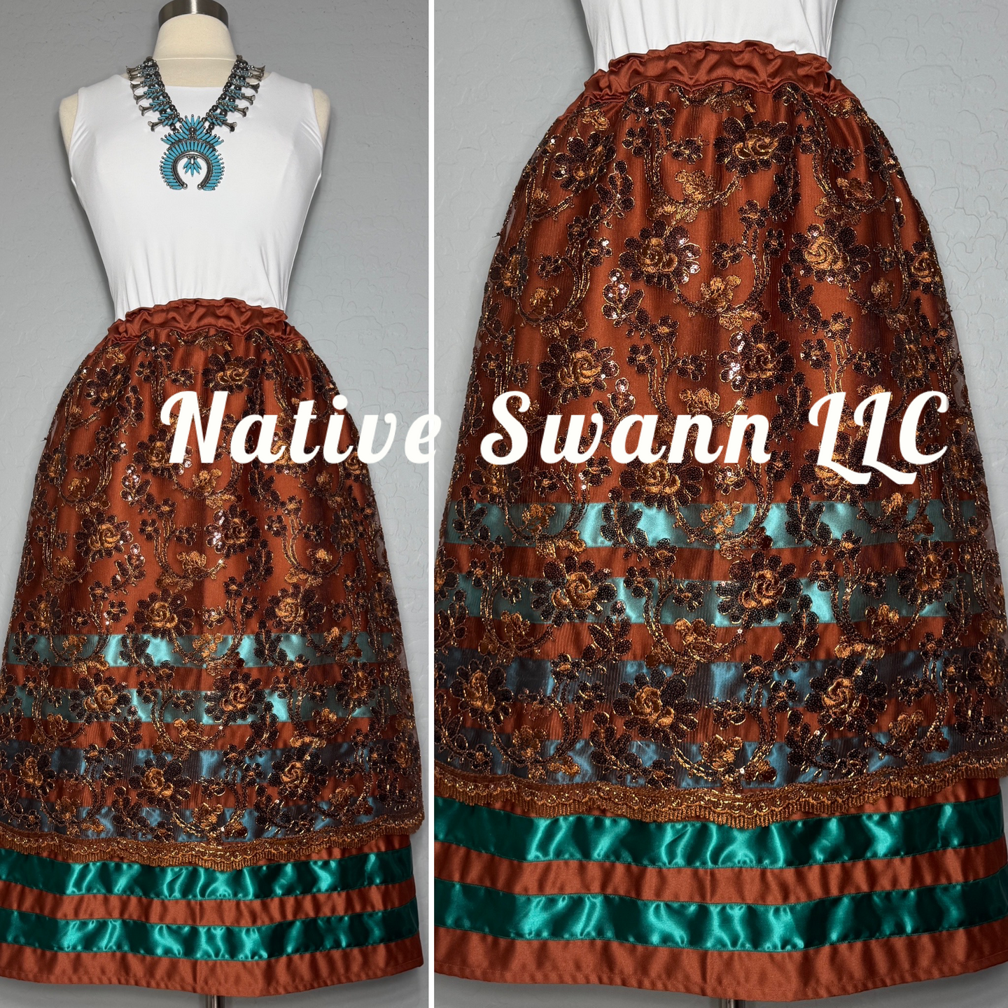Brown Floral Overlay Satin Ribbon Skirt