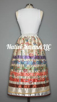 Beige Embroidered Floral Overlay Satin Ribbon Skirt