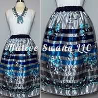 Navy Aqua Emb. Floral Overlay Satin Ribbon Skirt