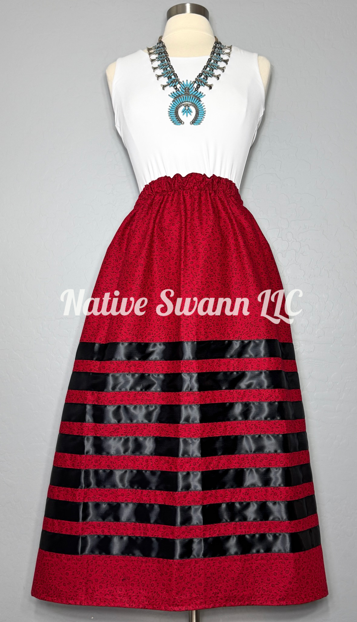 Red Floral Black Cotton Ribbon Skirt w/ Pockets