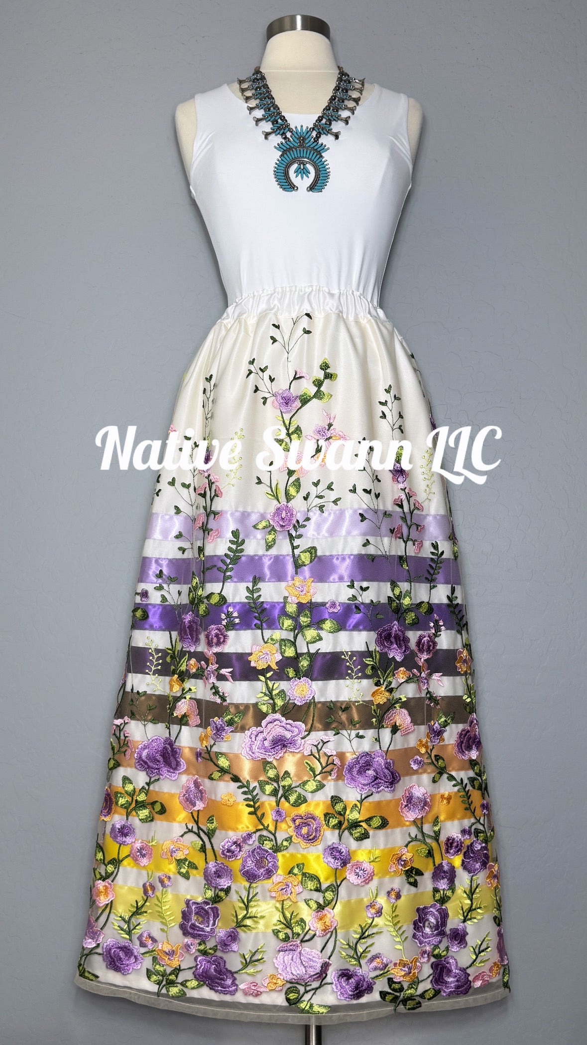Lavender Emb. Floral Long Overlay Satin Ribbon Skirt