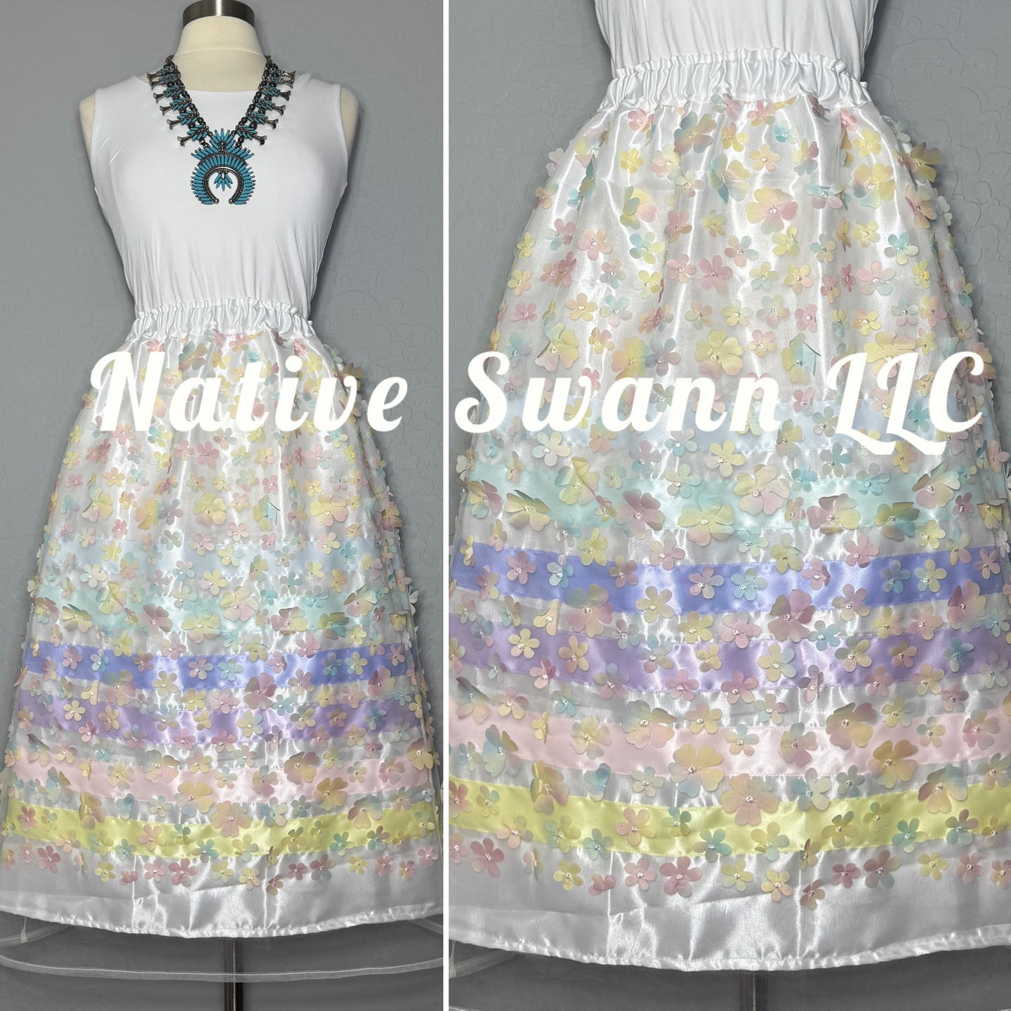 Pastel Multi Color 3D Flowers Overlay Satin Ribbon Skirt