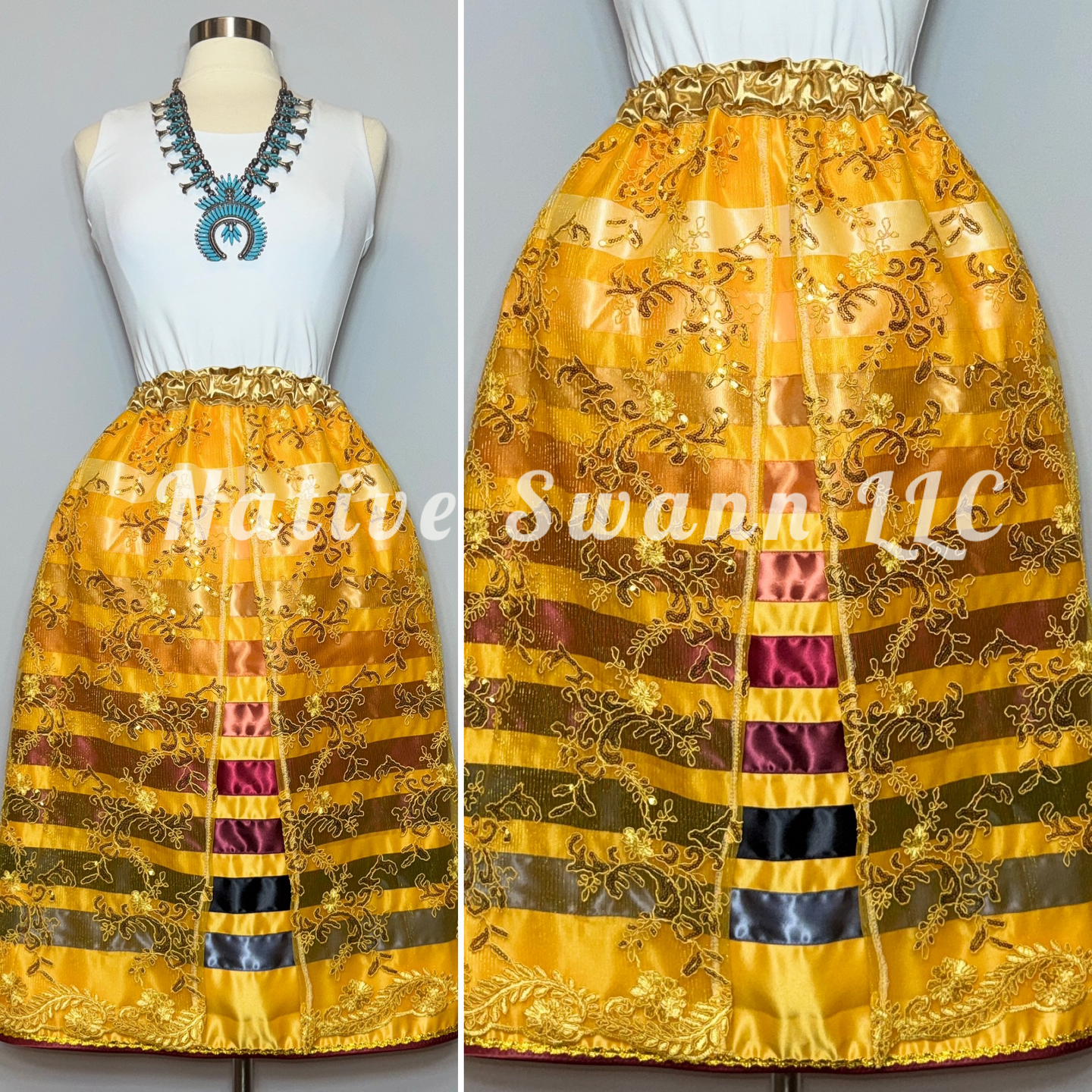 Yellow-Gold Floral Overlay Satin Ribbon Skirt (Opened Front)