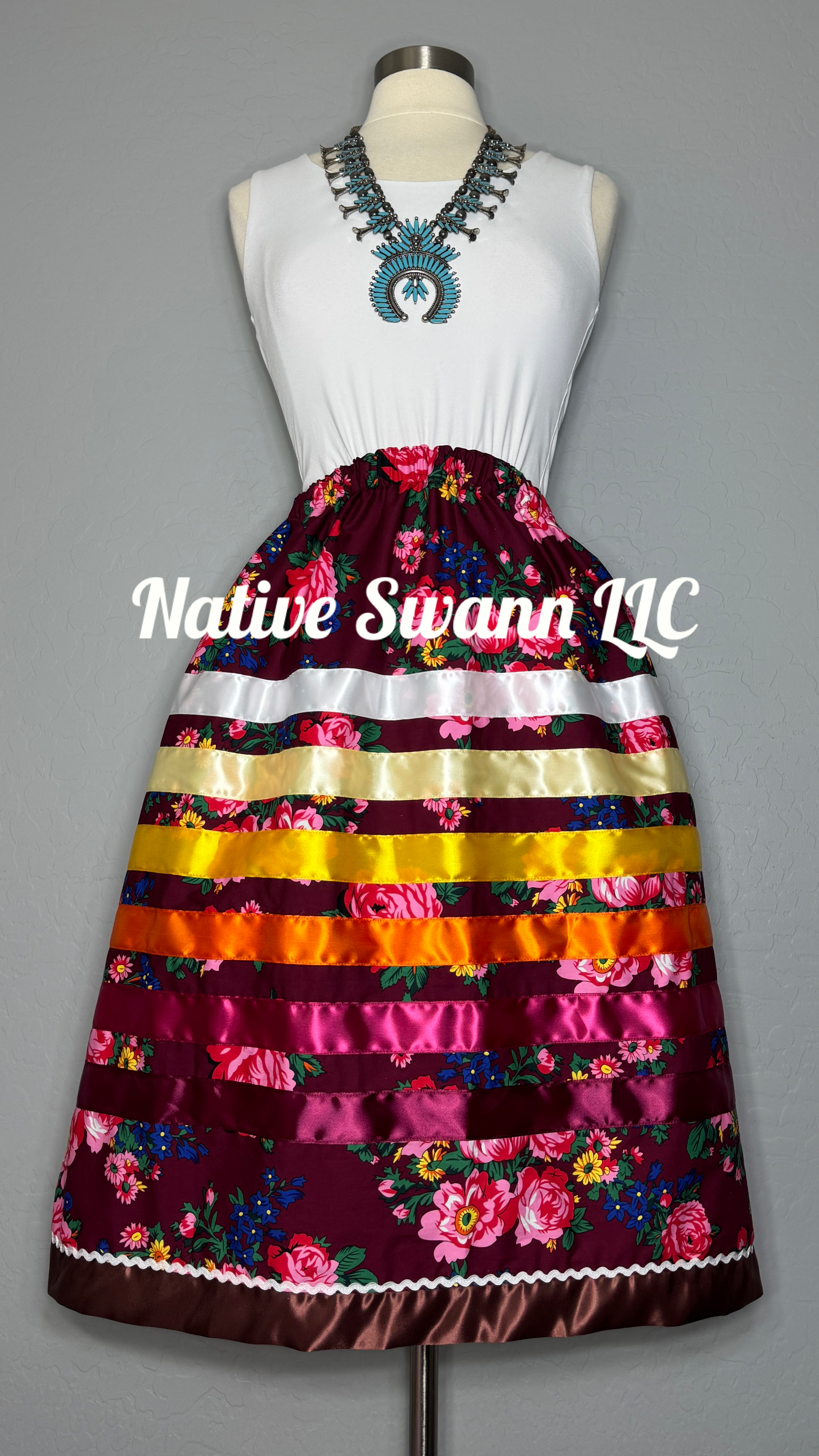 Burgundy Floral Cotton Ribbon Skirt w/ Pockets