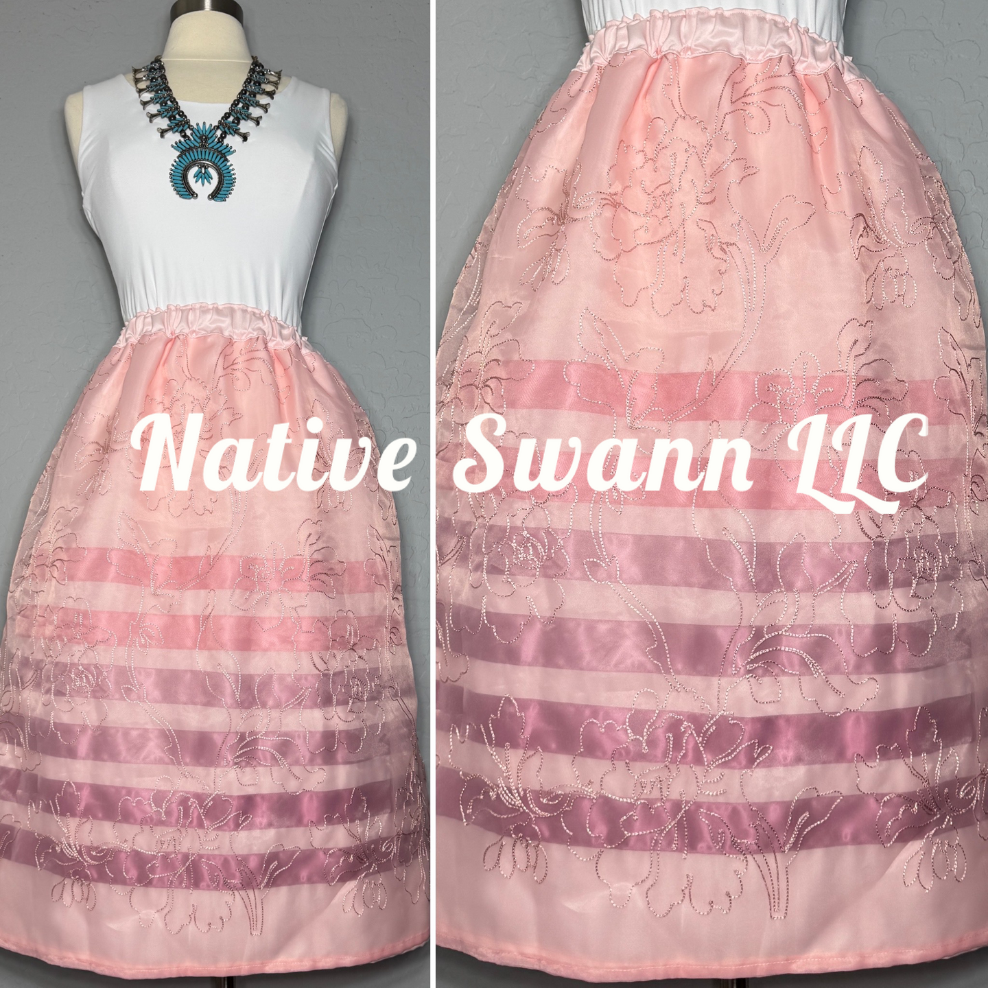 Lt. Pink Floral Overlay Satin Ribbon Skirt