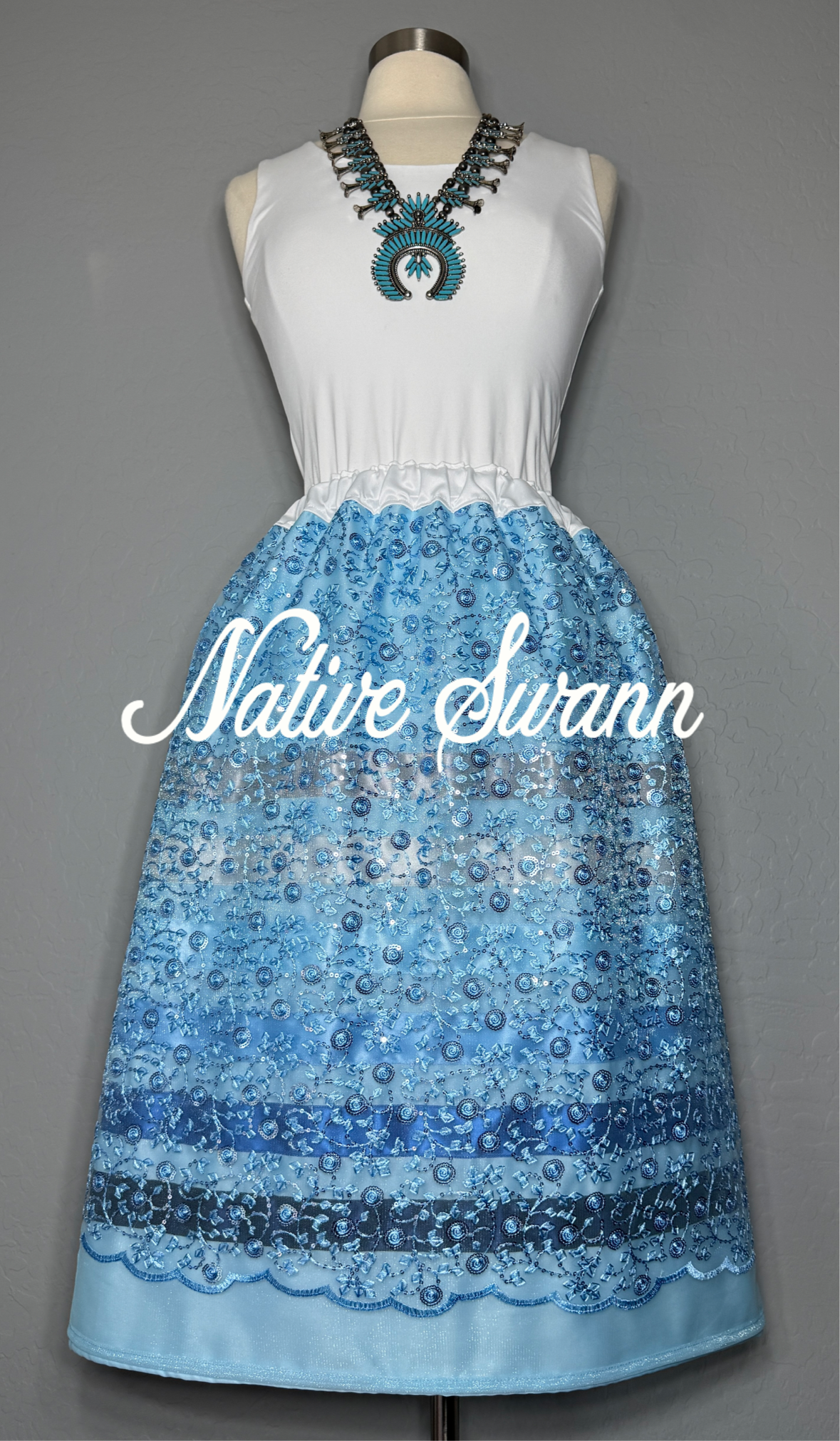 Lt Blue Mini Floral Overlay Satin Ribbon Skirt