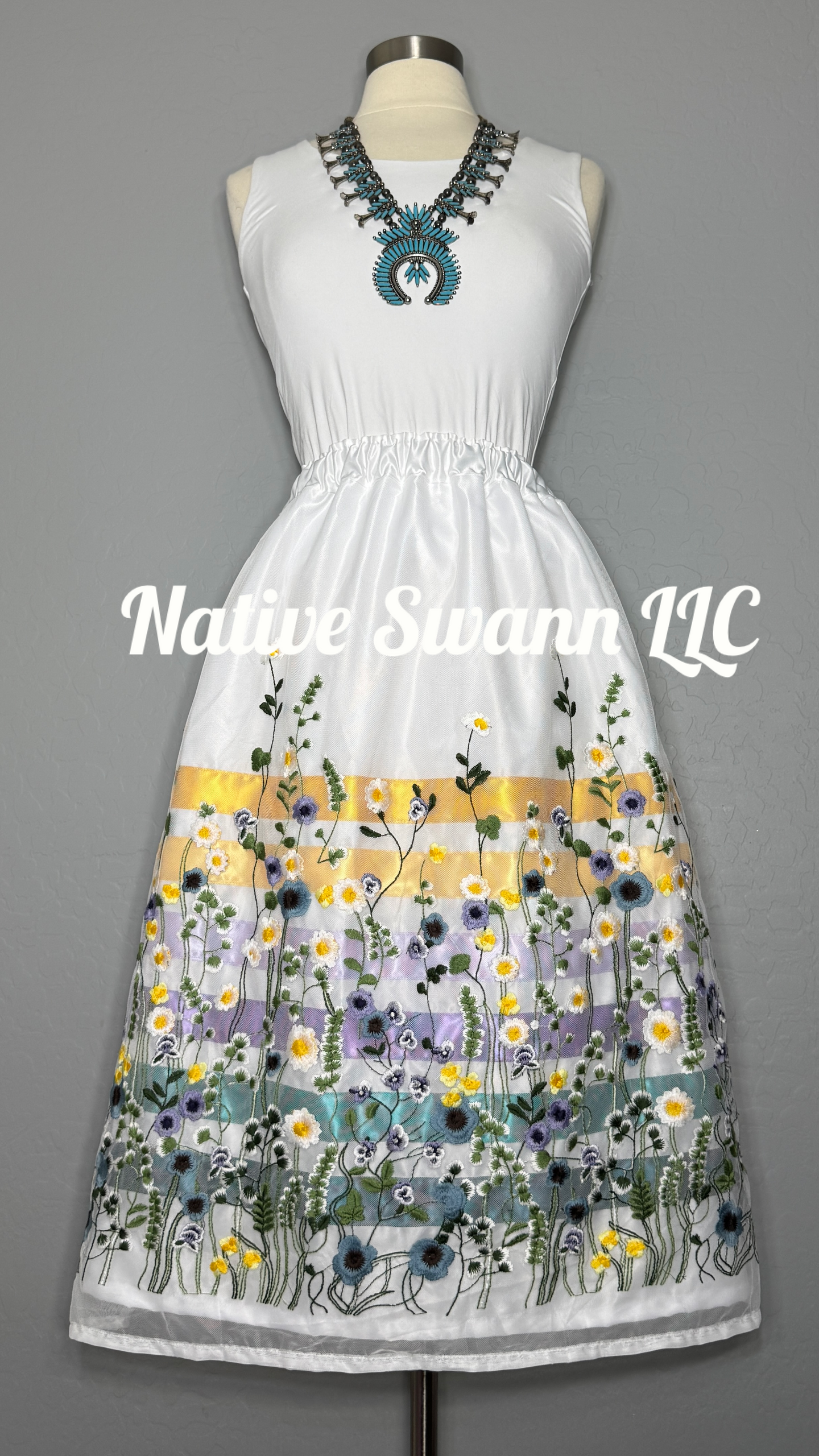 Spring Emb Floral Overlay Satin Ribbon Skirt