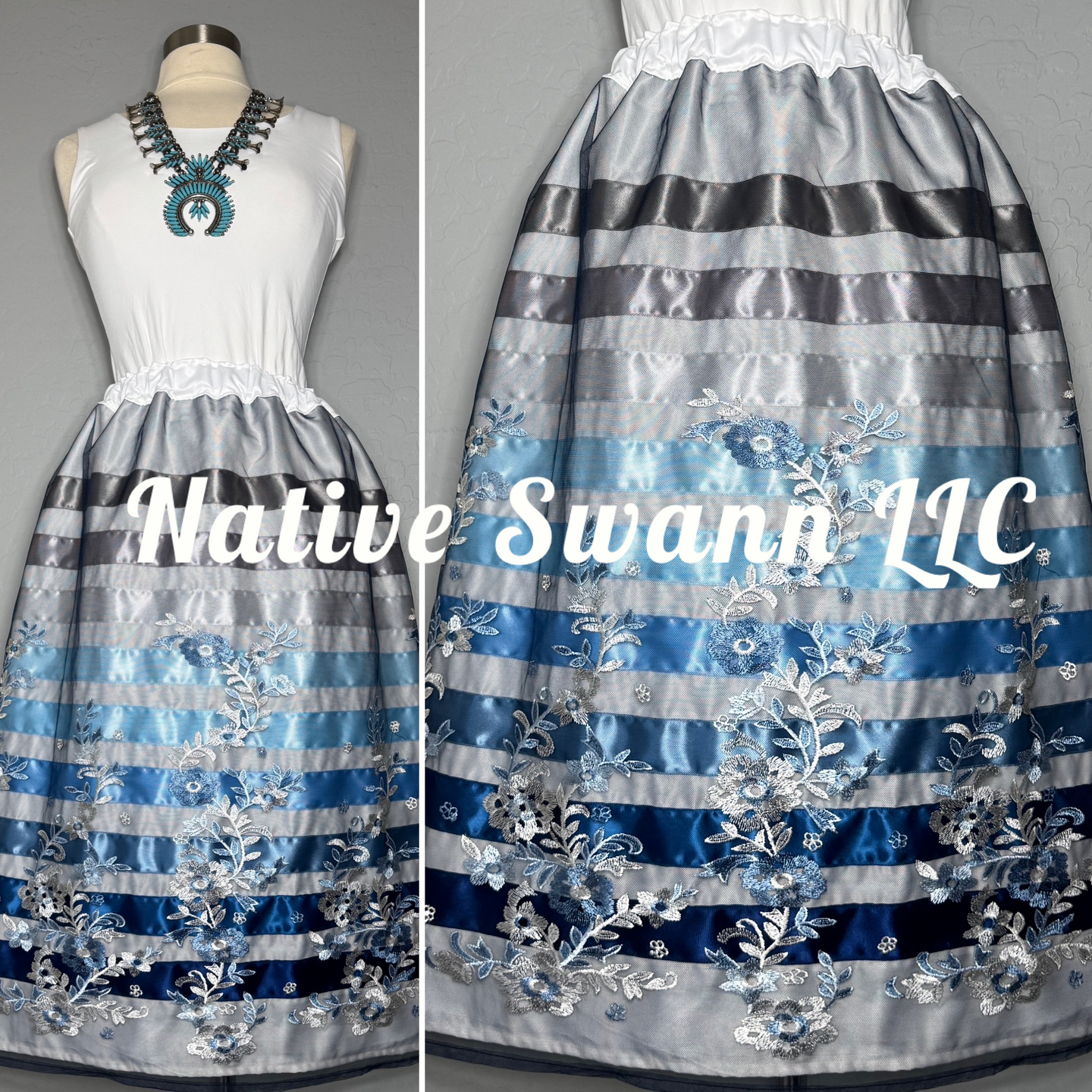 Blues Emb. Floral Overlay Satin Ribbon Skirt