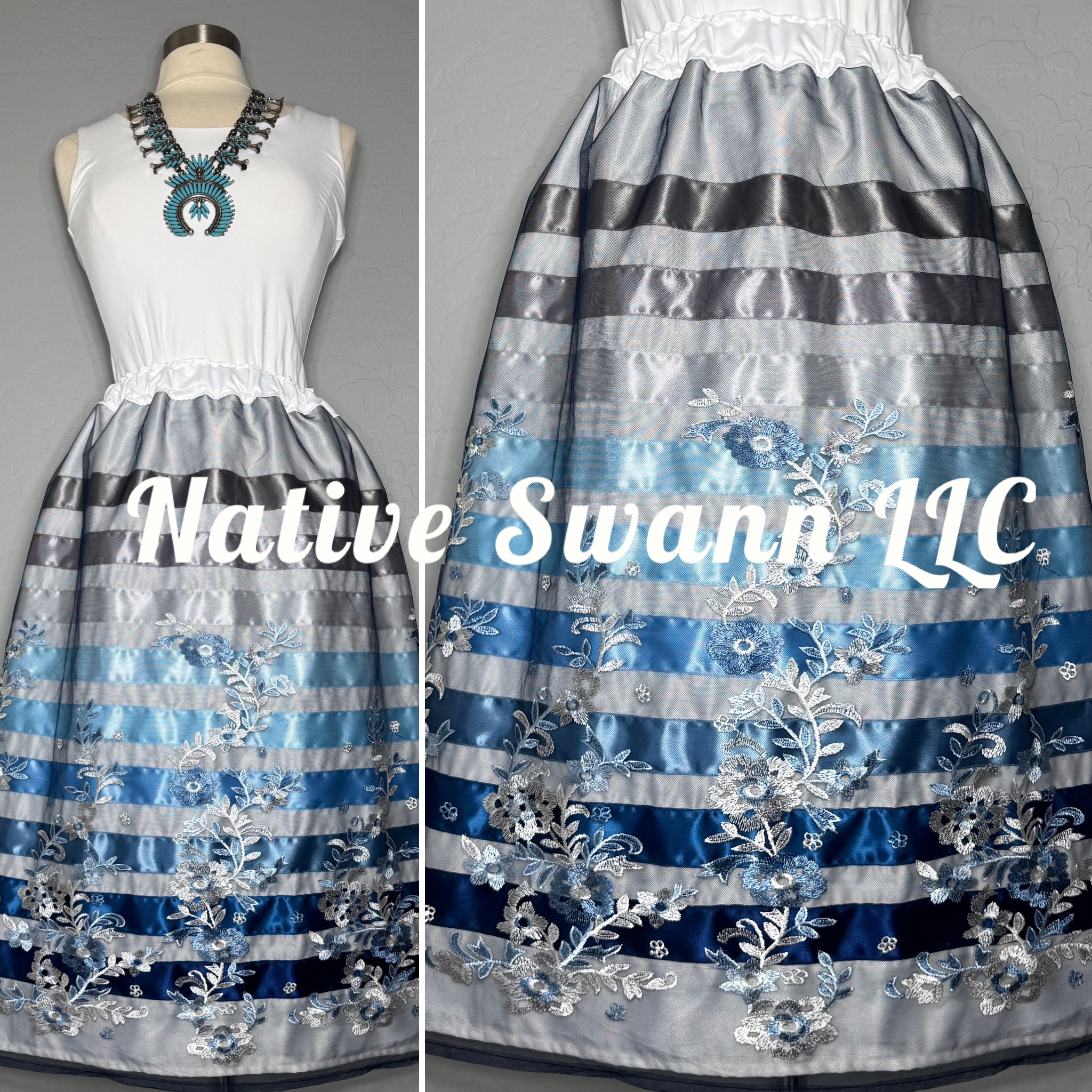 Blues Emb. Floral Overlay Satin Ribbon Skirt