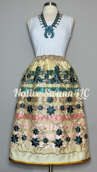 Teal-Beige Embroidered Floral Overlay Satin Ribbon Skirt