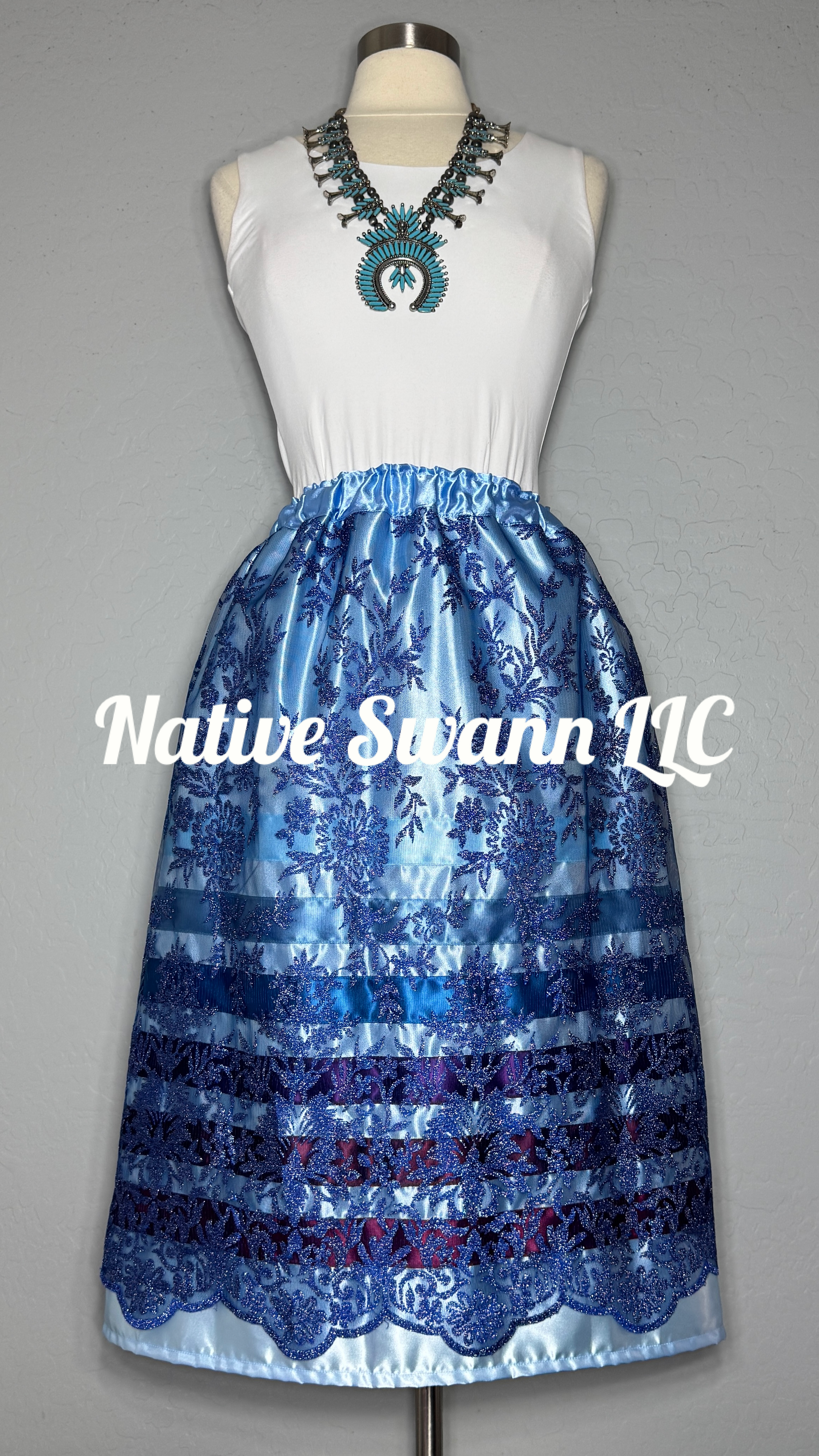 Blue Floral Overlay Satin Ribbon Skirt