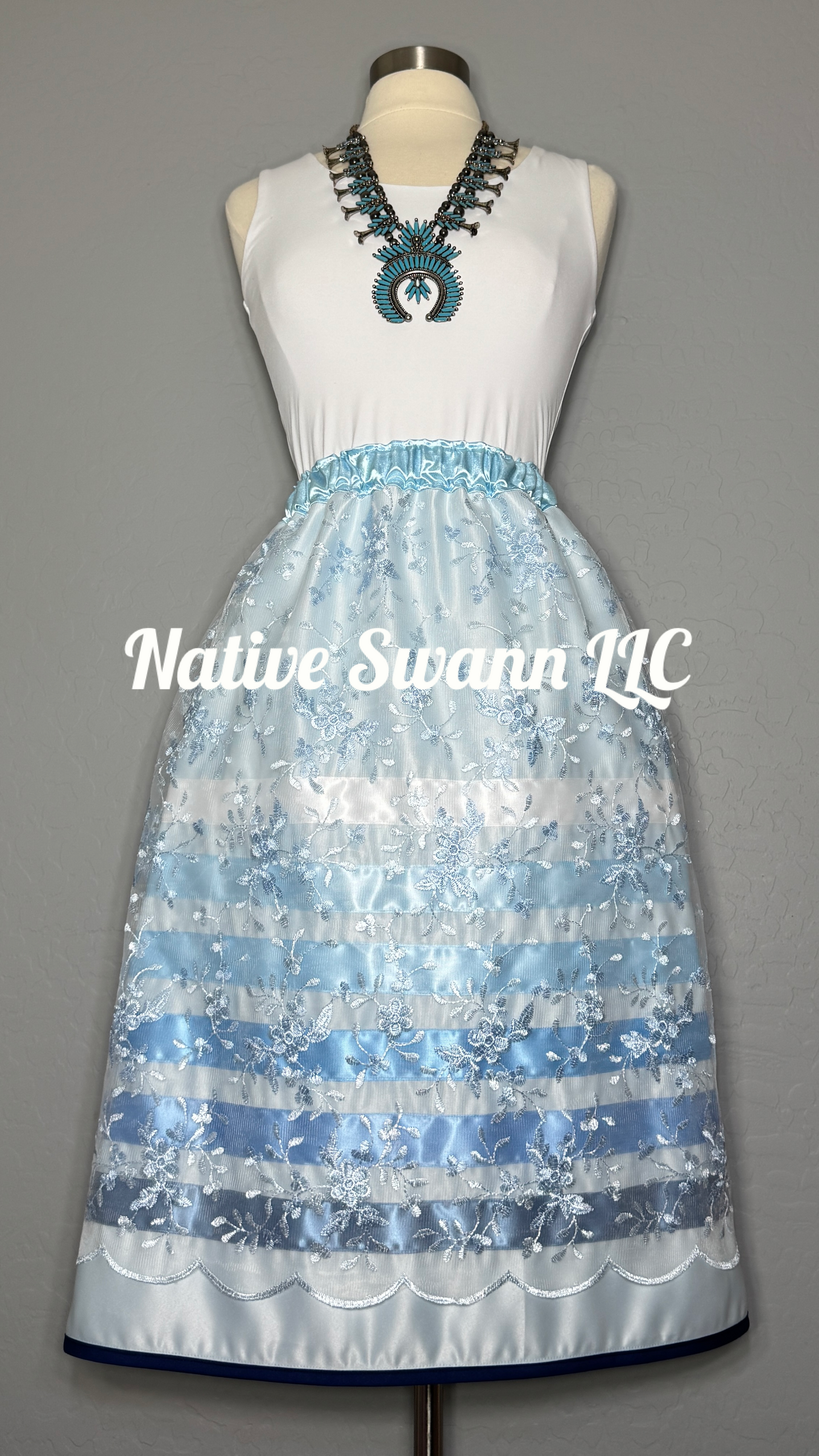 Lt Blue Embroidered Floral Overlay Satin Ribbon Skirt