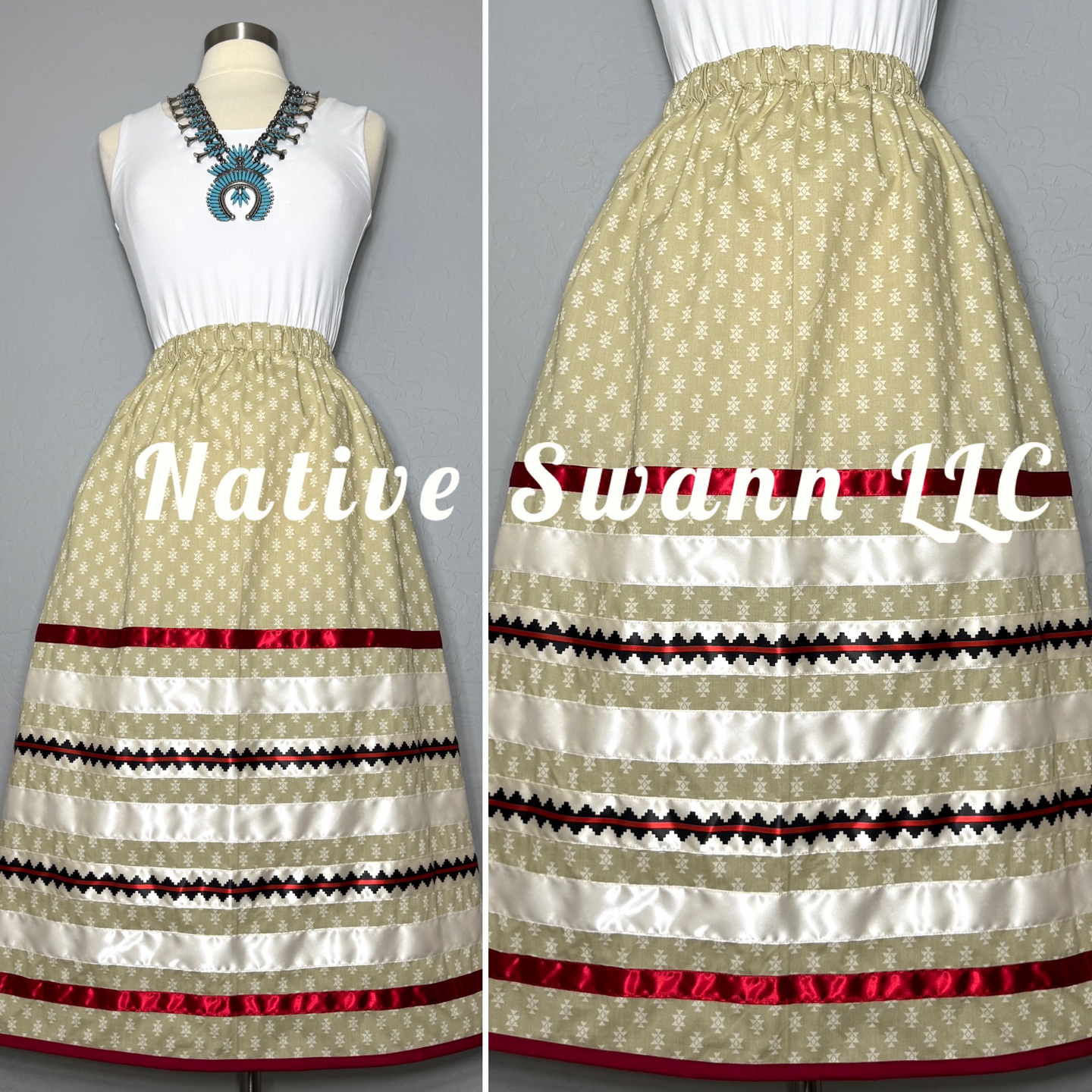 Beige Navajo Basket Design Cotton Ribbon Skirt w/ Pockets