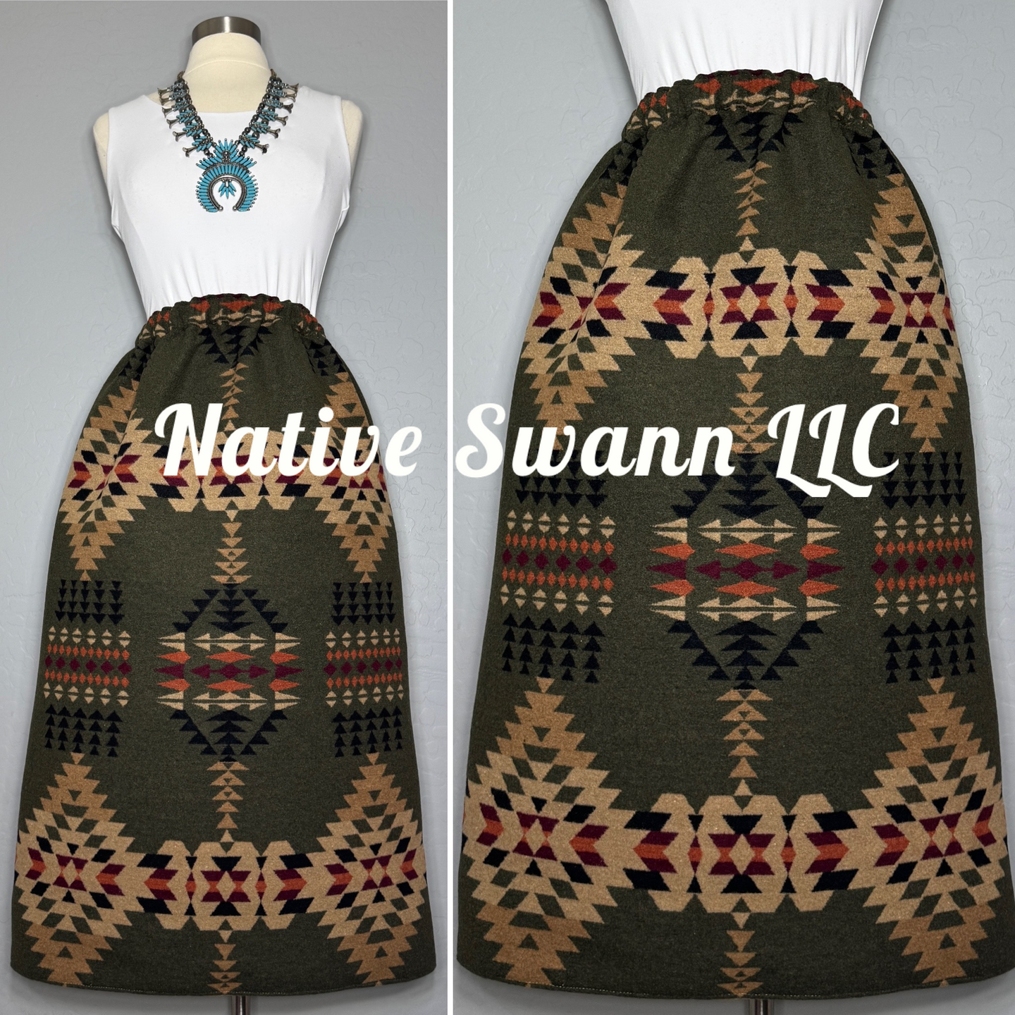 Forest Green Native Design Wool Skirt