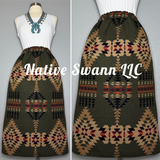 Forest Green Native Design Wool Skirt