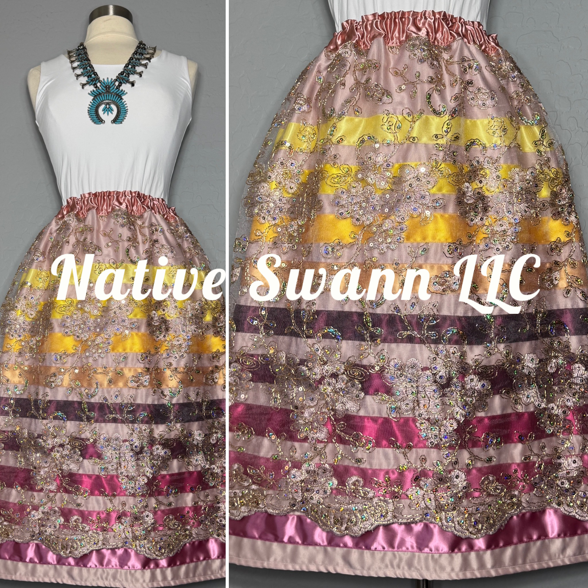 Mauve Sequins Floral Overlay Satin Ribbon Skirt