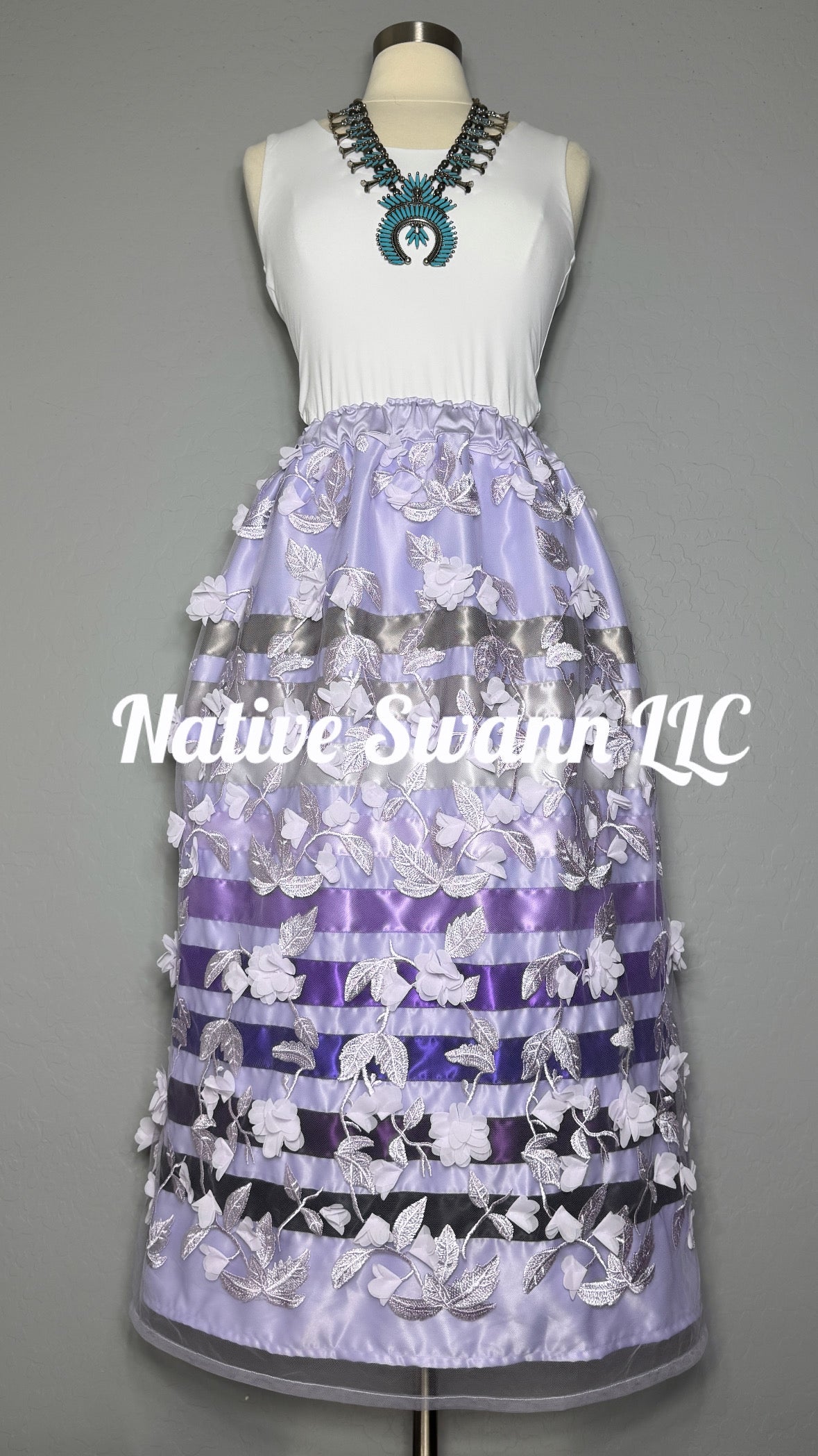Long Lavender 3D Floral Overlay Satin Ribbon Skirt