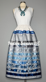 Blues Emb. Floral Long Overlay Satin Ribbon Skirt w/ Pockets