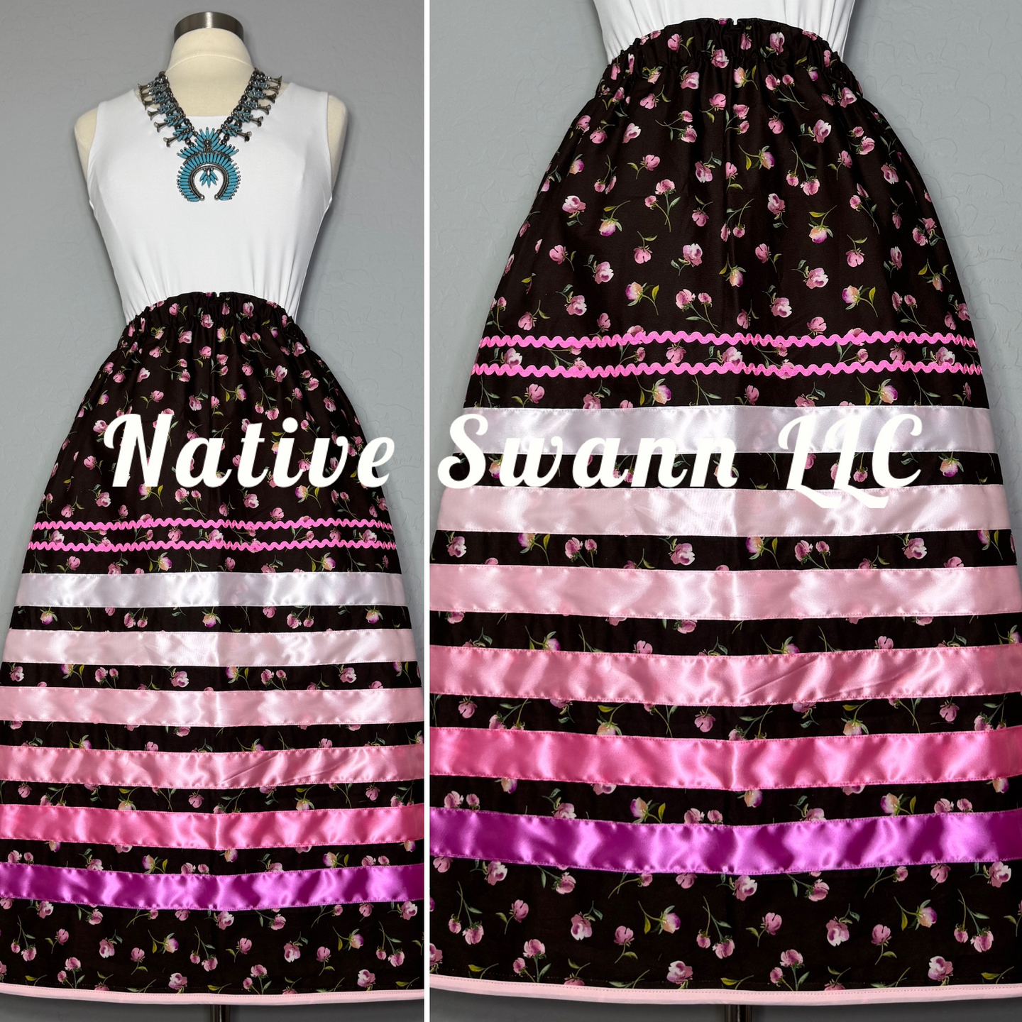 NEW Pink+Fuchsia Flowers Cotton Ribbon Skirt w/ Pockets