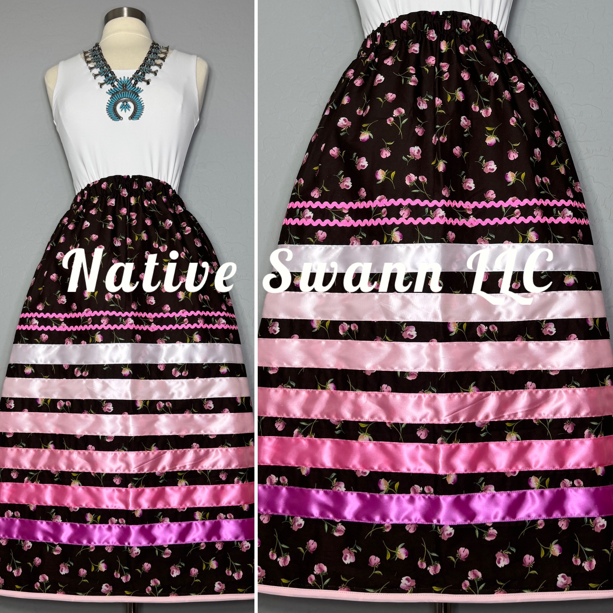 NEW Pink+Fuchsia Flowers Cotton Ribbon Skirt w/ Pockets