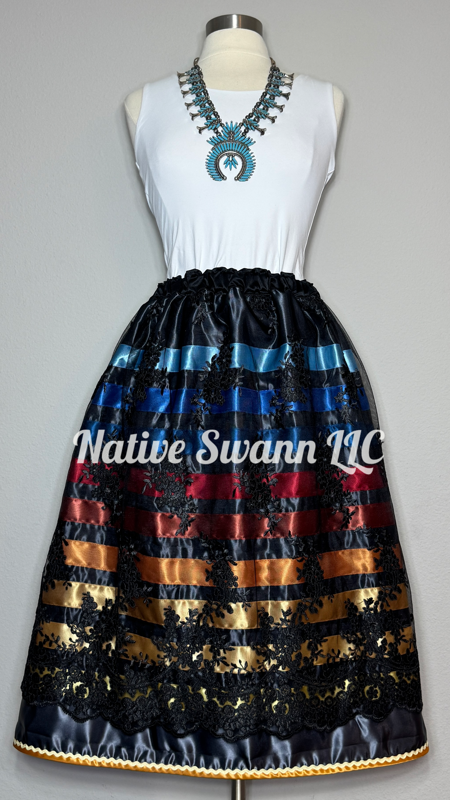 Dark Navy + Black Floral Overlay Satin Ribbon Skirt