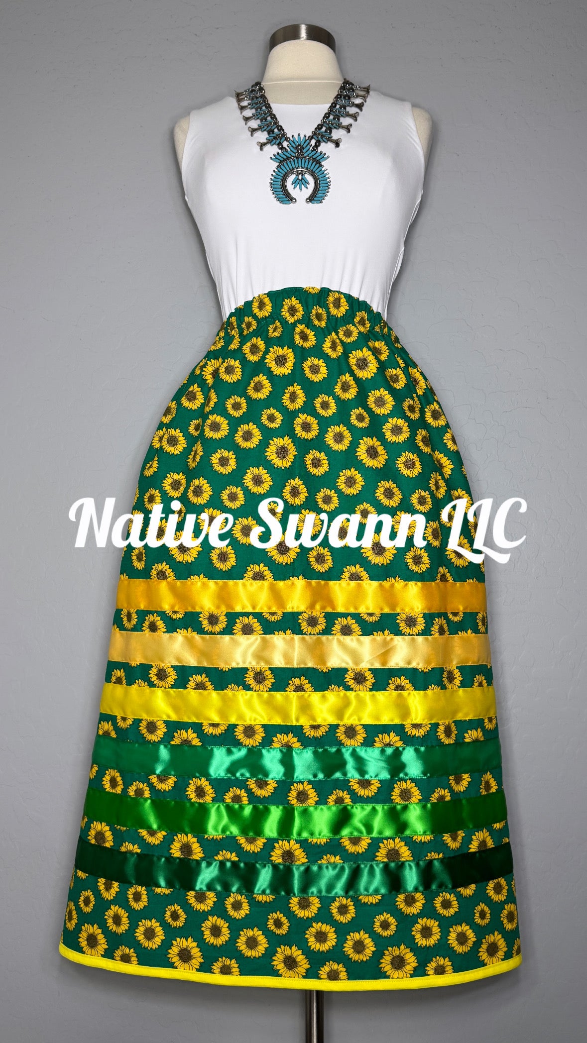 Teal-Green Sunflowers Cotton Ribbon Skirts w/ pockets