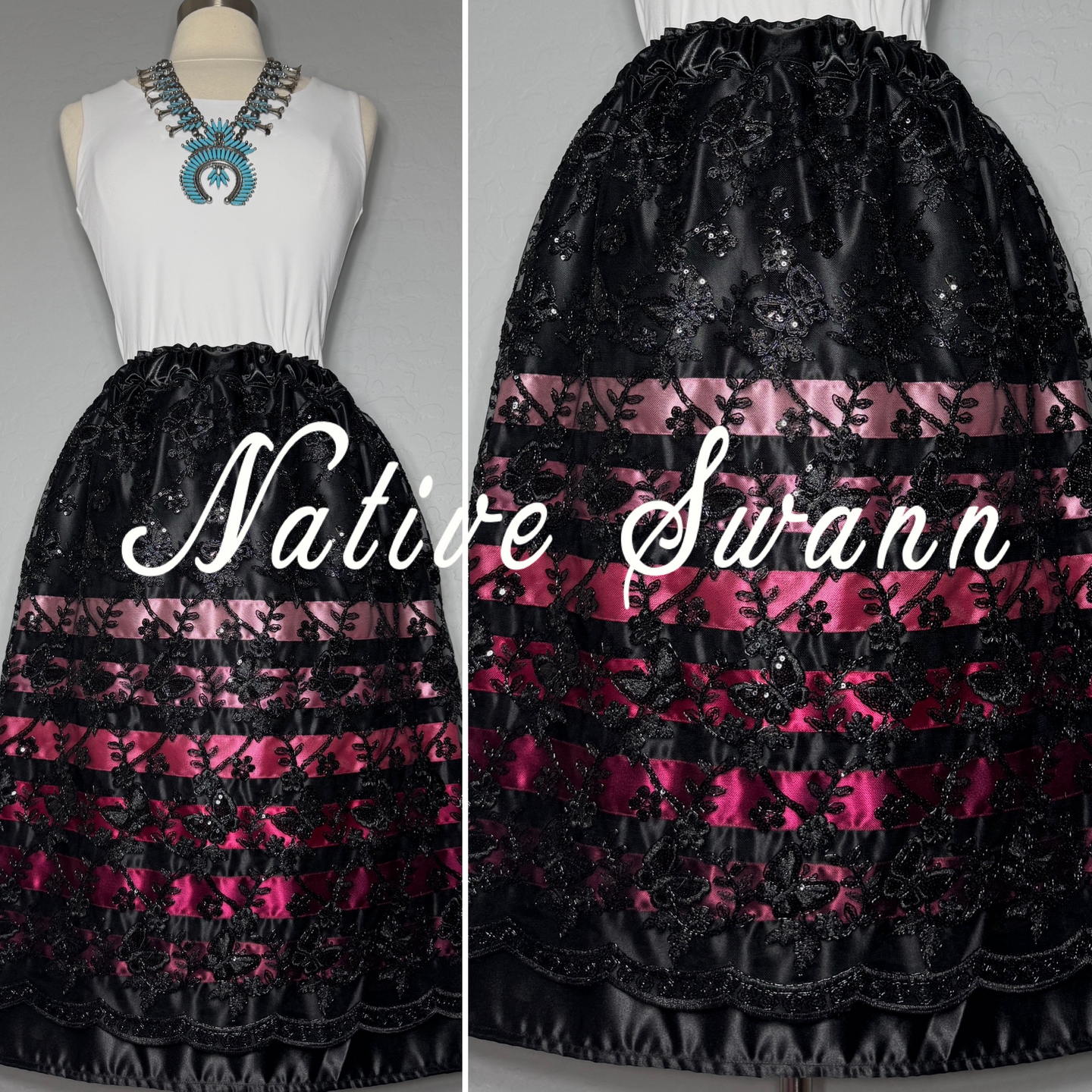 Black Butterfly Sequins Overlay Satin Ribbon Skirt