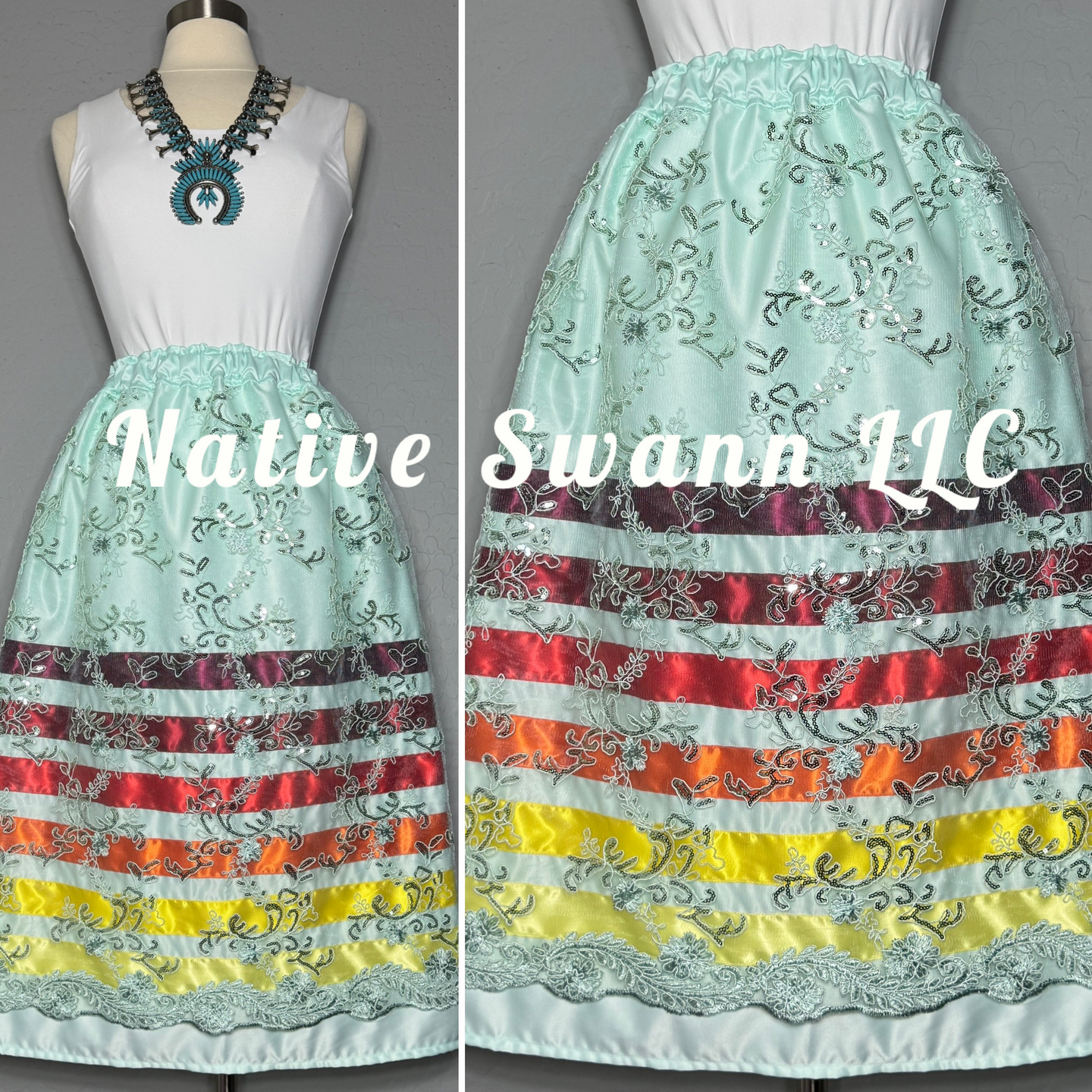 Mint Floral Overlay Satin Ribbon Skirt