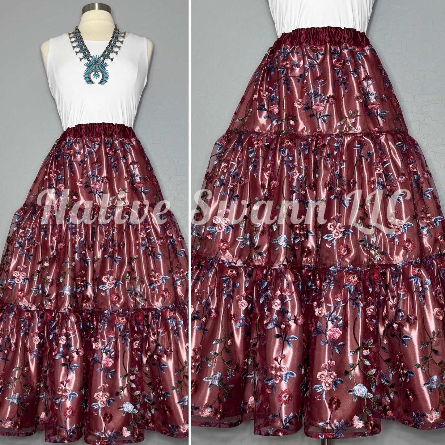 Burgundy + Cinderella Blue Embroidered Floral 3 Tier Overlay Satin Ribbon Skirt