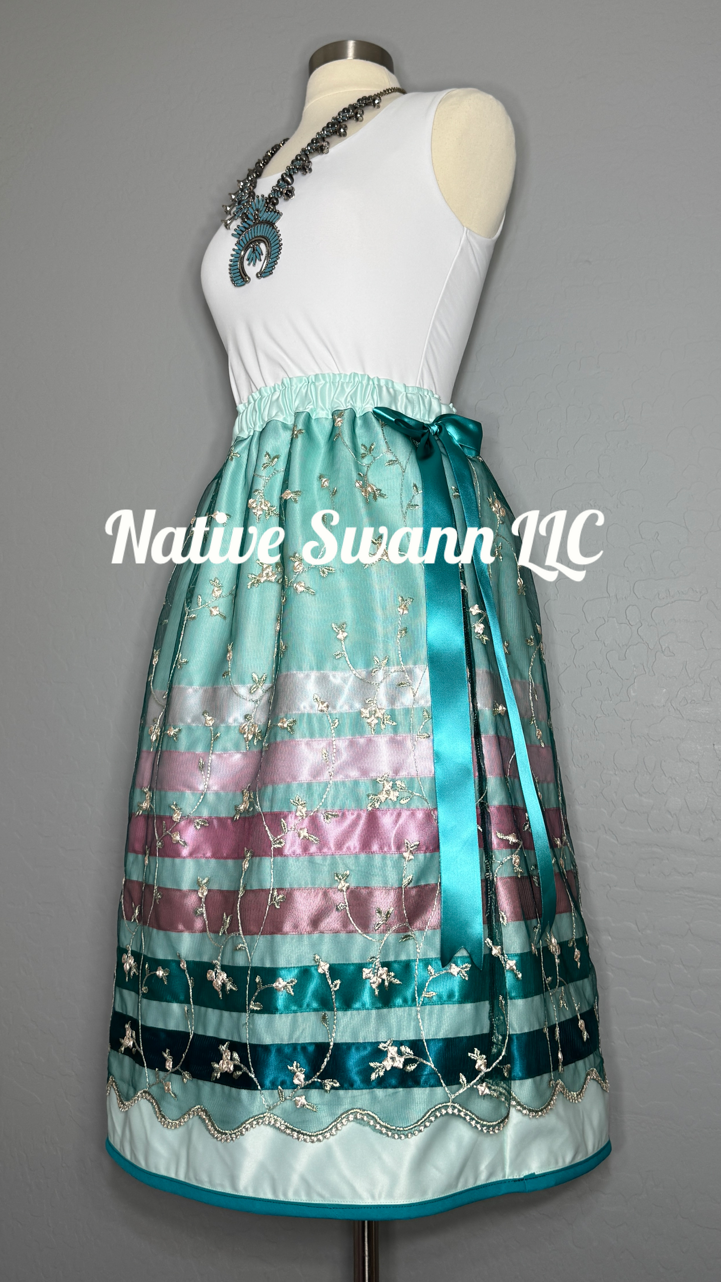 Mint Green Embroidered Florals Overlay Satin Ribbon Skirt w/ Bows on Sides