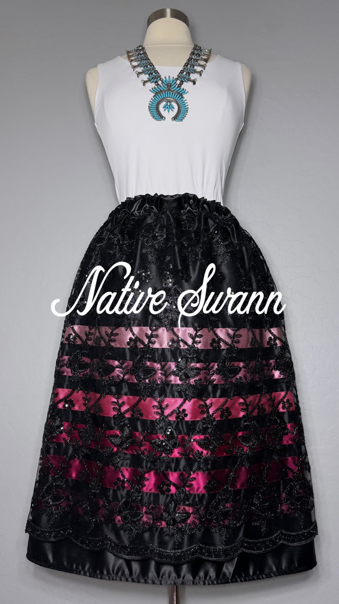 Black Butterfly Sequins Overlay Satin Ribbon Skirt