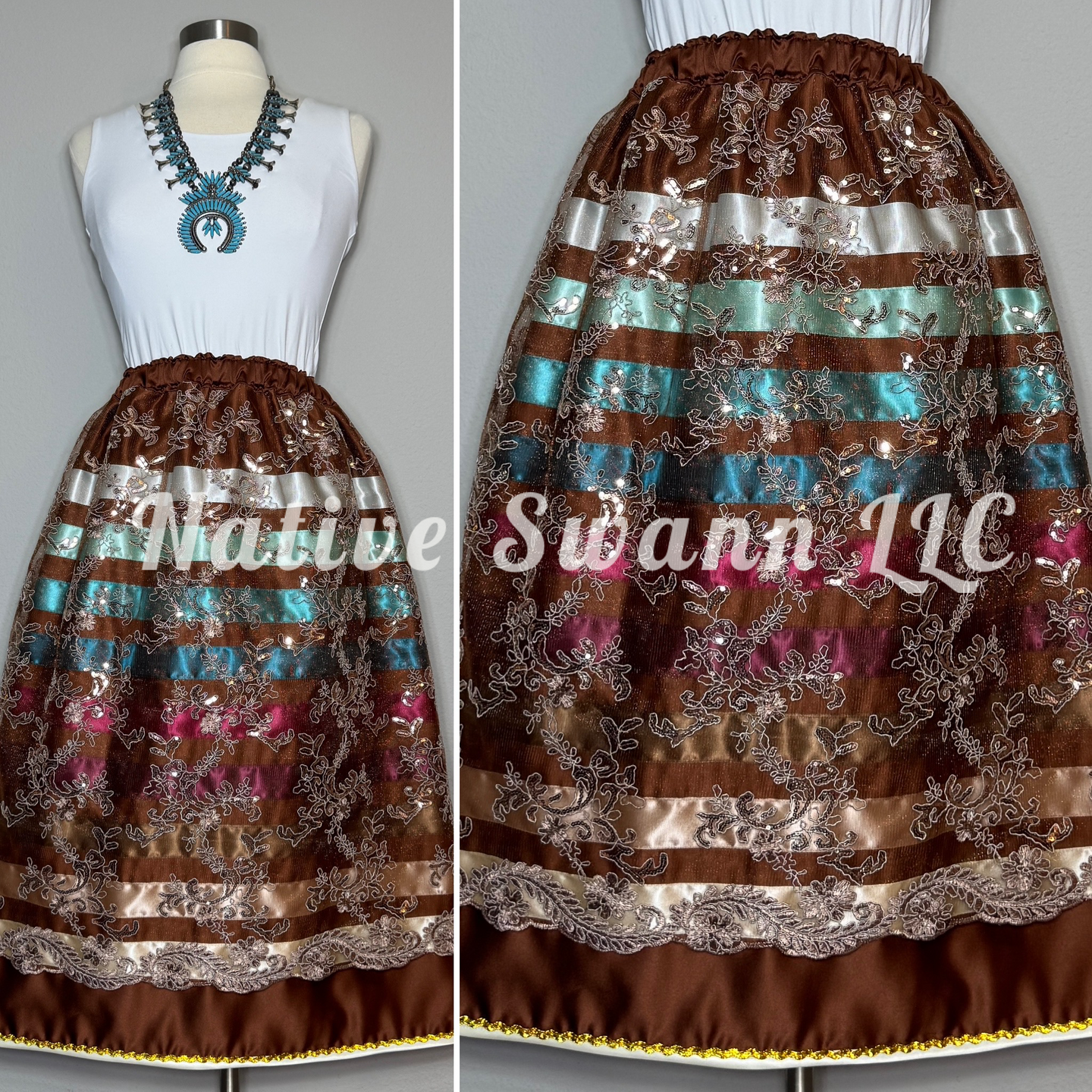 Brown Floral Overlay Satin Ribbon Skirt