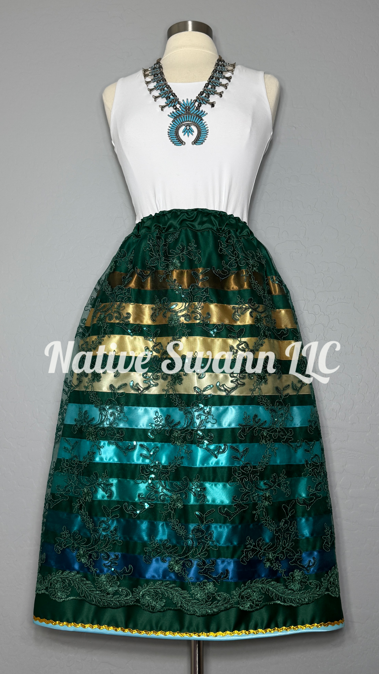 Hunter Green Floral Overlay Satin Ribbon Skirt