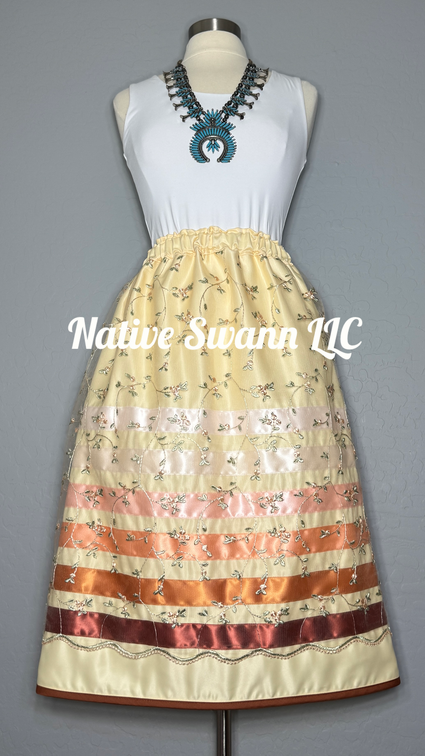 Lt. Yellow Embroidered Floral Overlay Satin Ribbon Skirt