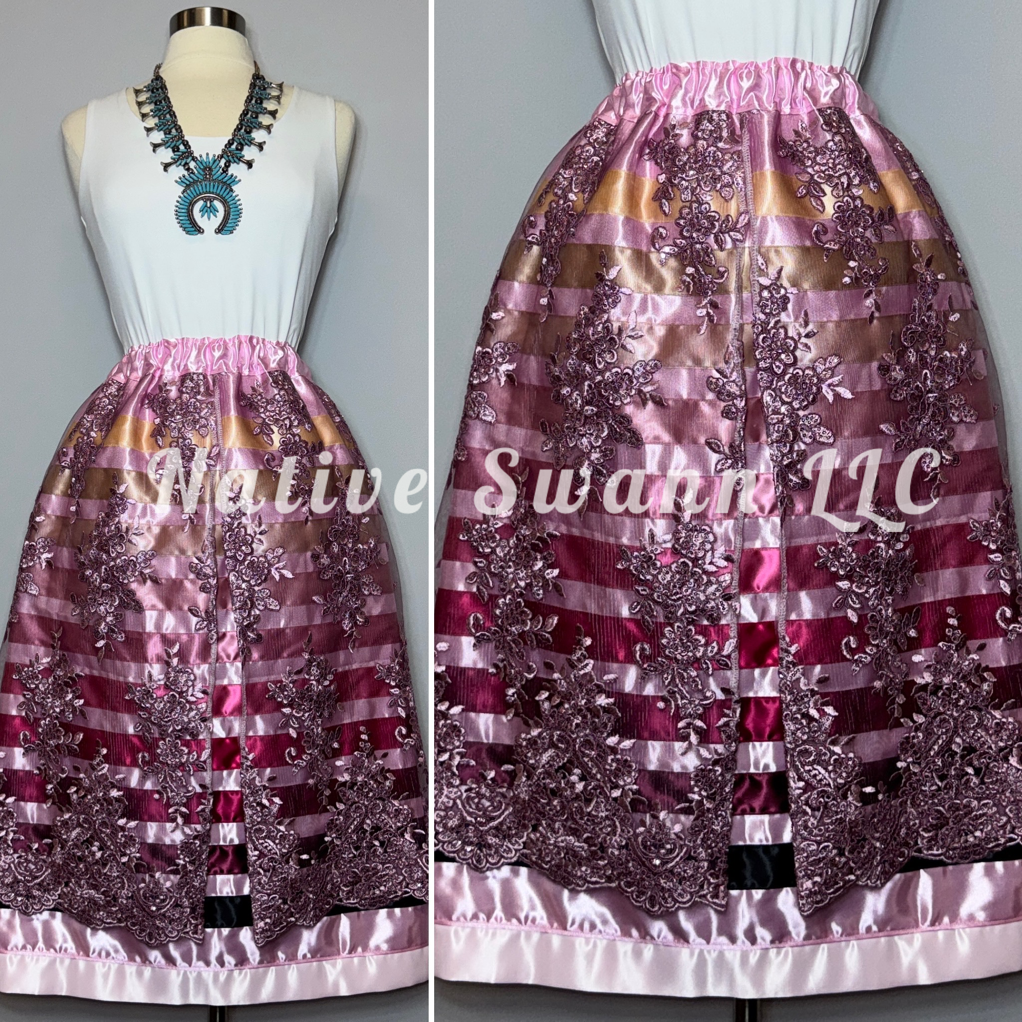 Mauve Floral Overlay Satin Ribbon Skirt (Opened Front)