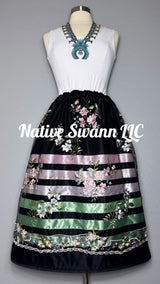 Black+Pink Emb Floral Overlay Satin Ribbon Skirt