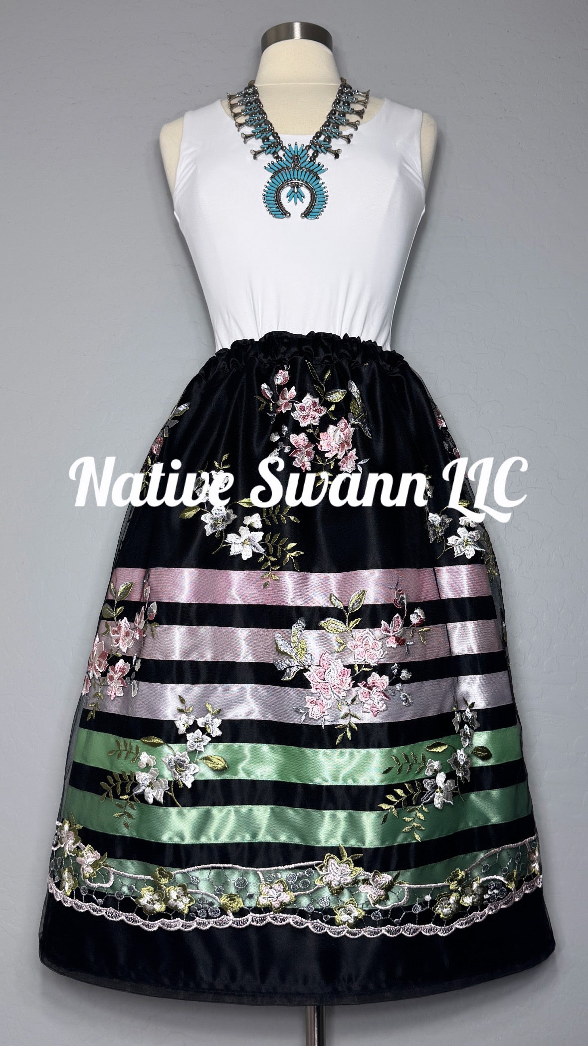 Black+Pink Emb Floral Overlay Satin Ribbon Skirt
