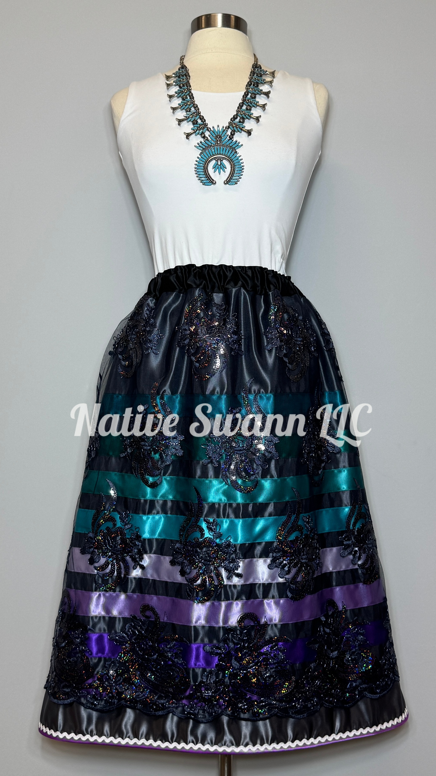 Navy Grey Floral Sequins Overlay Satin Ribbon Skirt
